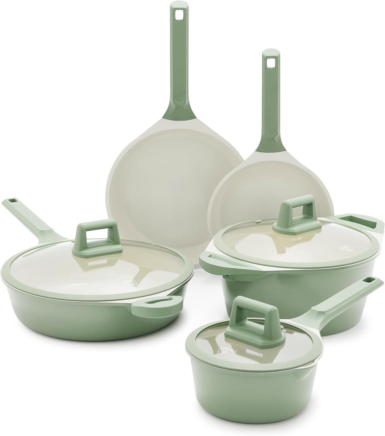 GreenLife Set's PFOA-Free Cookware: Induction-Readytested, Stay-Cool Handles vs. Glass Lids Dishwasher Safe