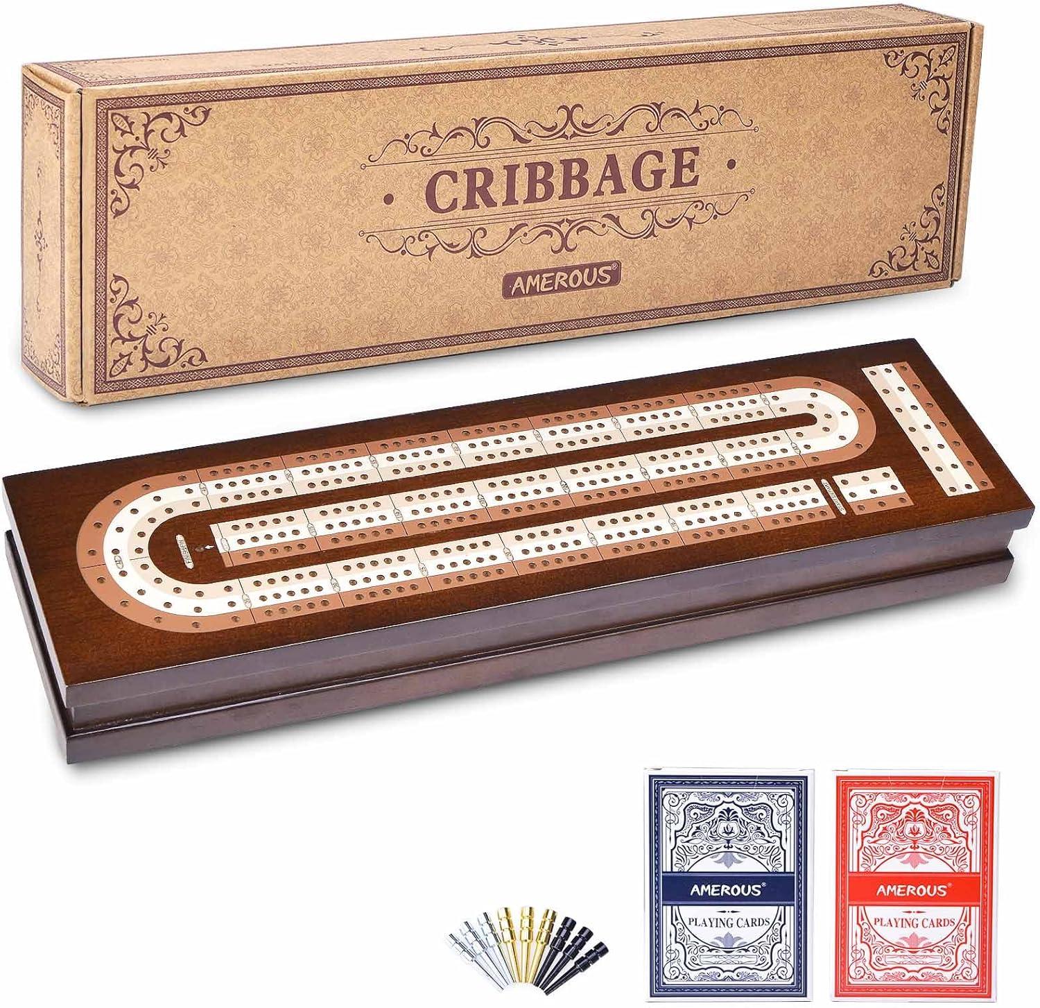 Best Board Game - AMEROUS Wooden Cribbage Set with Magnetic Lock, Metal Pegs, 3 Track, Travel Portable for Family