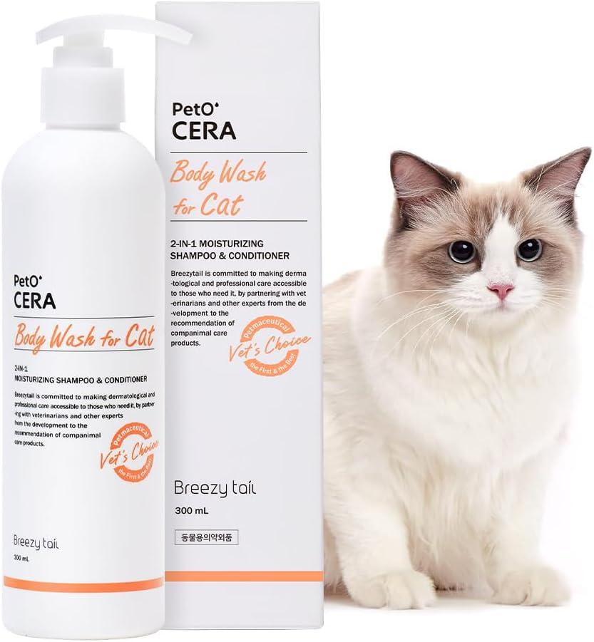 Best Pet Shampoo - Breezytail PetO'Cera All-in-One Cat Shampoo and Conditioner | Hypoallergenic Cat Skin & Coat Care | Itch Relief, Moisturizing & Rejuvenating | Veterinarian Approved and Formulated (10.1oz, 300ml) Review