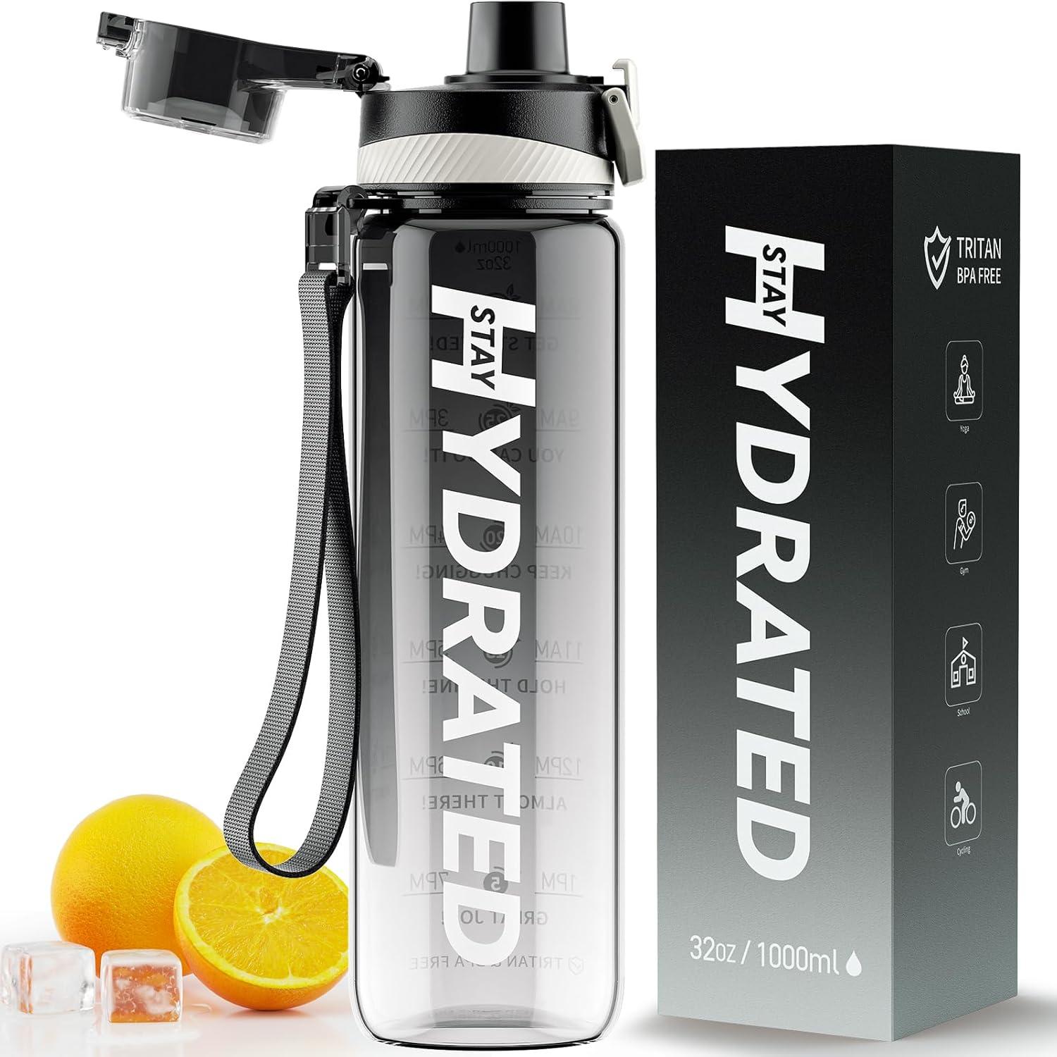 32 Oz Sport Bottle Tested: Time Marker, Leakproof, Wide Mouth-Gym & Outdoor Gift (Tritan, BPA-Free Strap)