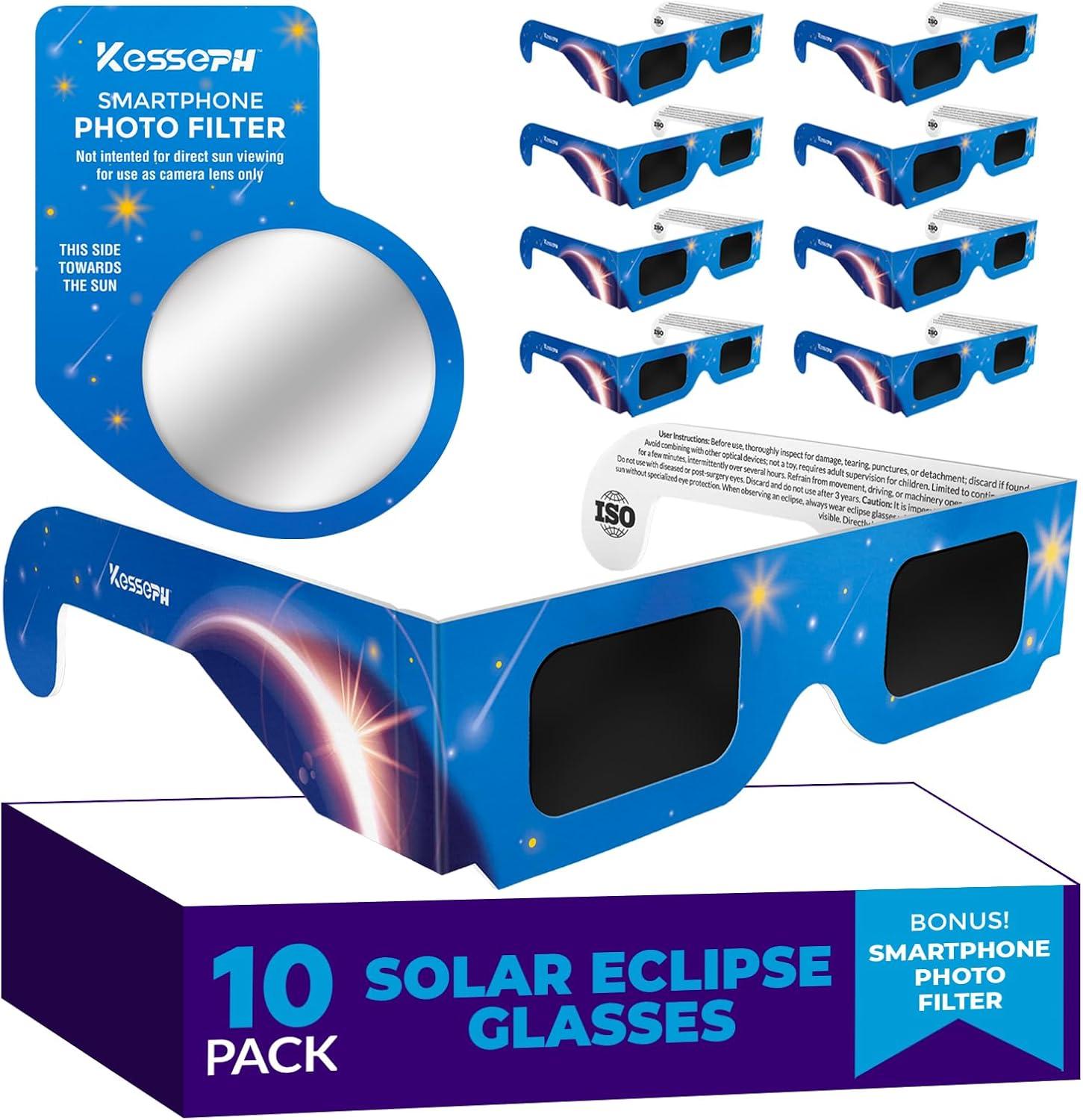 Solar Eclipse Glasses Showdown: 2024 Approved vs. Bonus Smartphone Photo Filter Lens-Blue Stars Design
