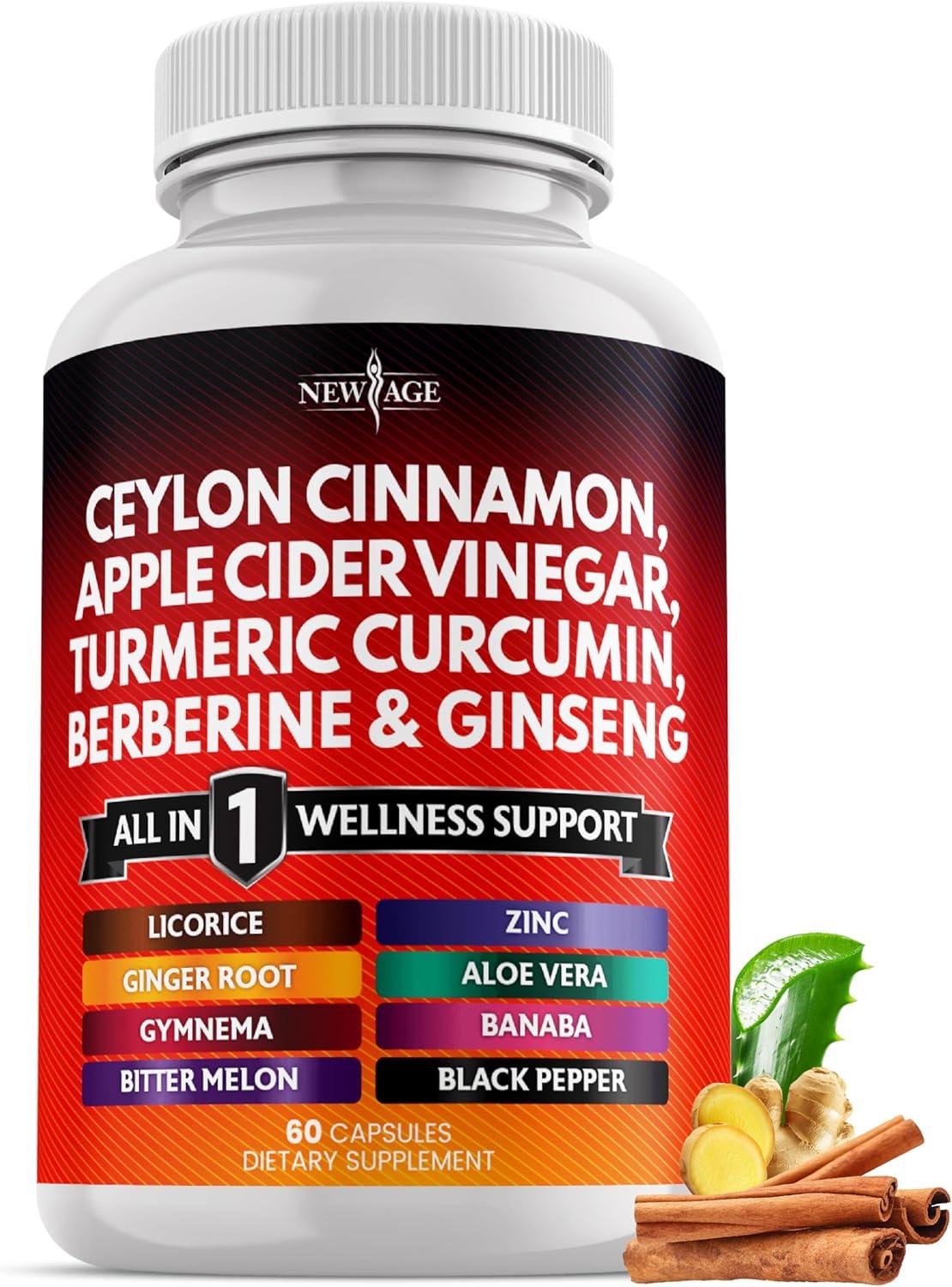 Surprising: Ceylon Cinnamon (Bark), Turmeric Curcumin, Apple Cider Vinegar Raw, Ginseng Root, Aloe Vera Gel, Berberine & Banaba, Ginger Fresh - 60 Count