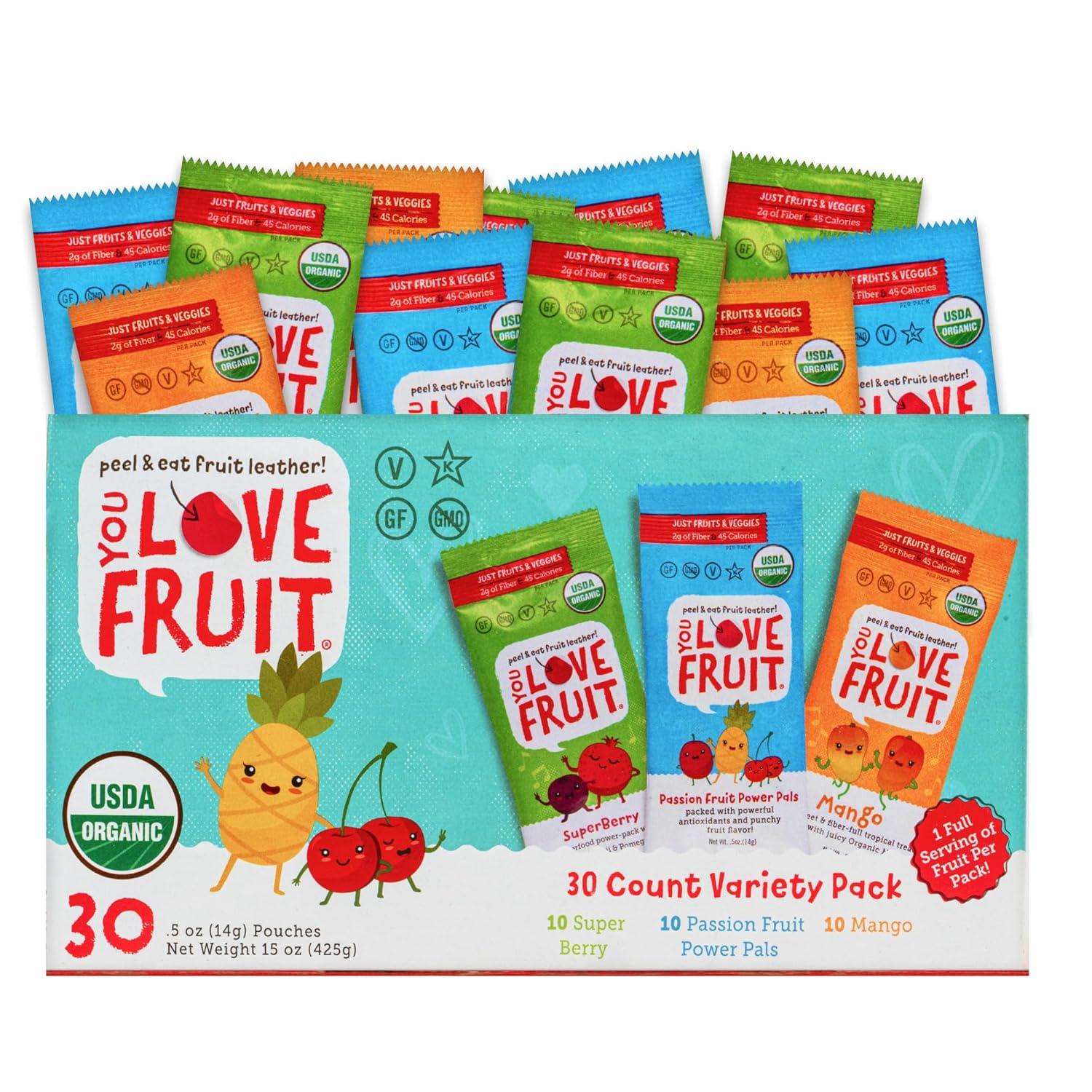 Best Fruit Snacks - You Love Fruit 30 Count Organic Variety Pack for Kids, College Students, and Offices