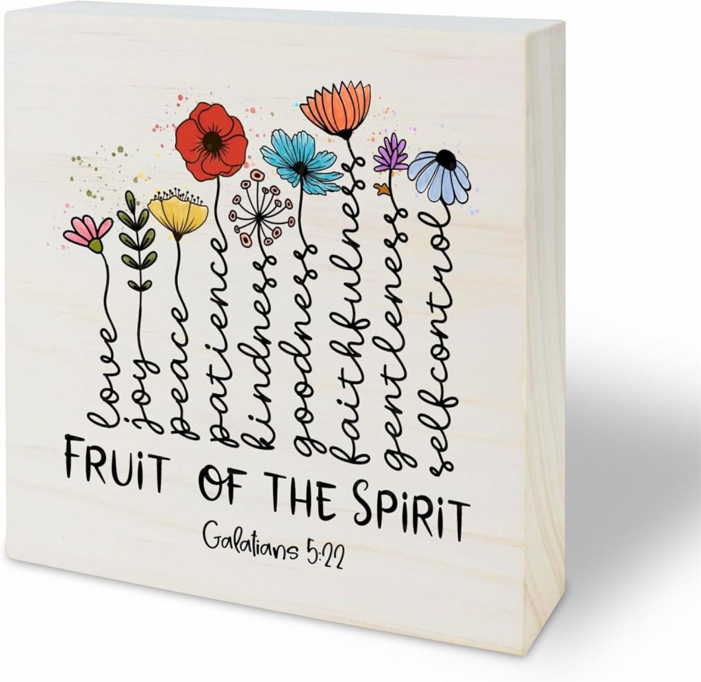 Best Home Decor – Inspirational Saying Wooden Block – Fruit Of The Spirit – Watercolor Flowers – 5 x 5 Inch Sign Review