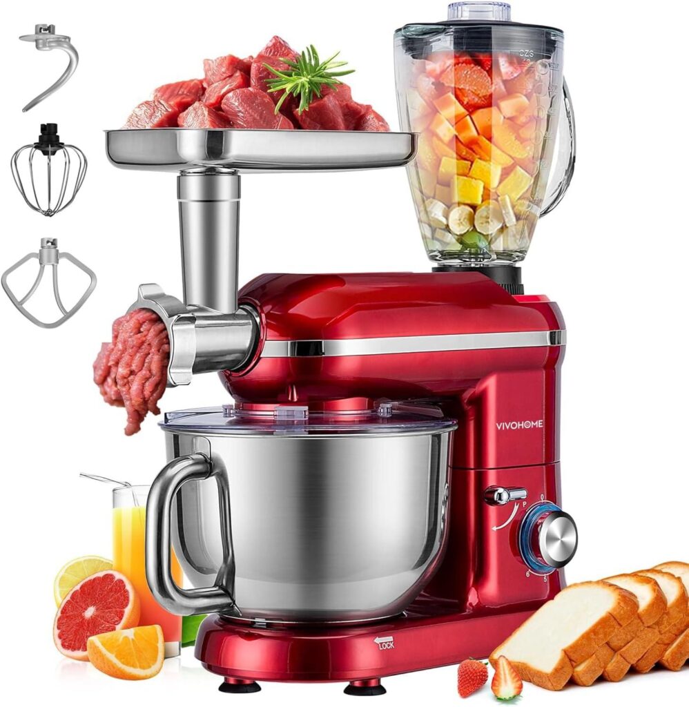 Best Kitchen Mixer – VIVOHOME 3-in-1 Stand Mixer, 6 Quart Electric Tilt-Head Kitchen Mixer with Bowl, Multifunctional Food Mixer with Meat Grinder and Blender Attachments, Dough Hook, Beater, and Whisk, Red Review