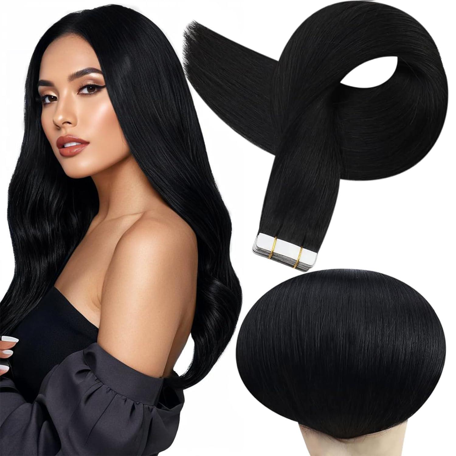Luxurious Jet Black Tape Ins: Seamless Skin Weft Test, Human Hair Trend... Compare Styles with 20Pcs!