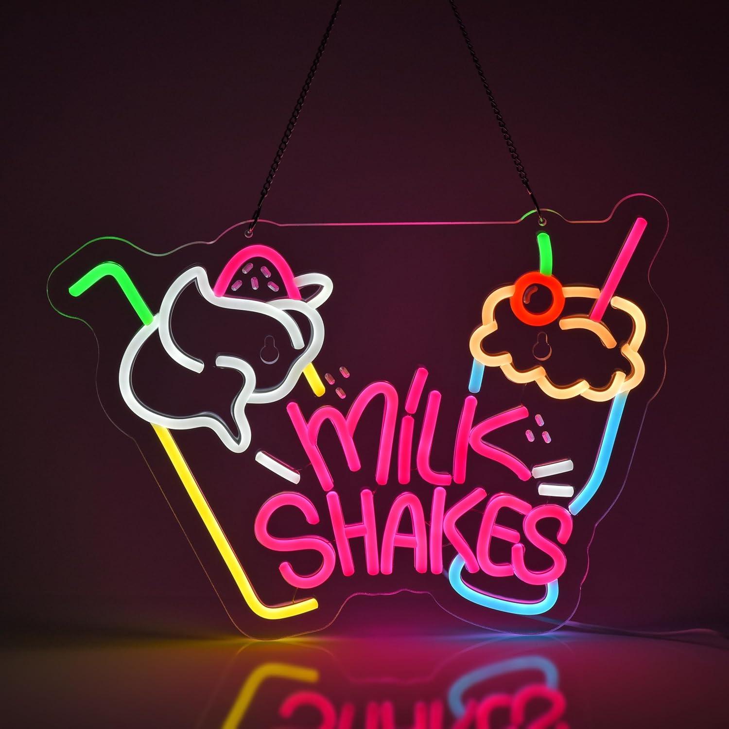 Milk Shakes Neon Sign Showdown: USB Power, 16.1x11.8in Brightness for Food & Drink (Dimmable, Trendy)