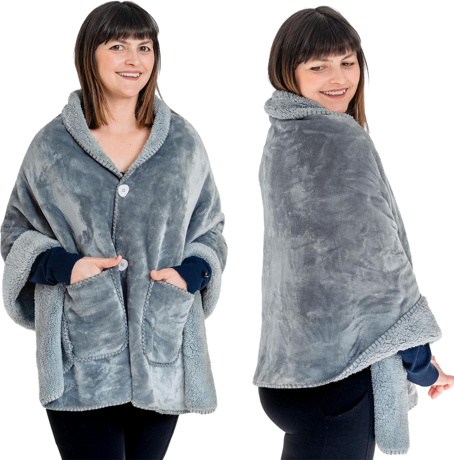 Premium Double Layer Poncho Blanket, No Sleeves - Drape & Go Tested for Grandma's Gifting (Silver Grey)
