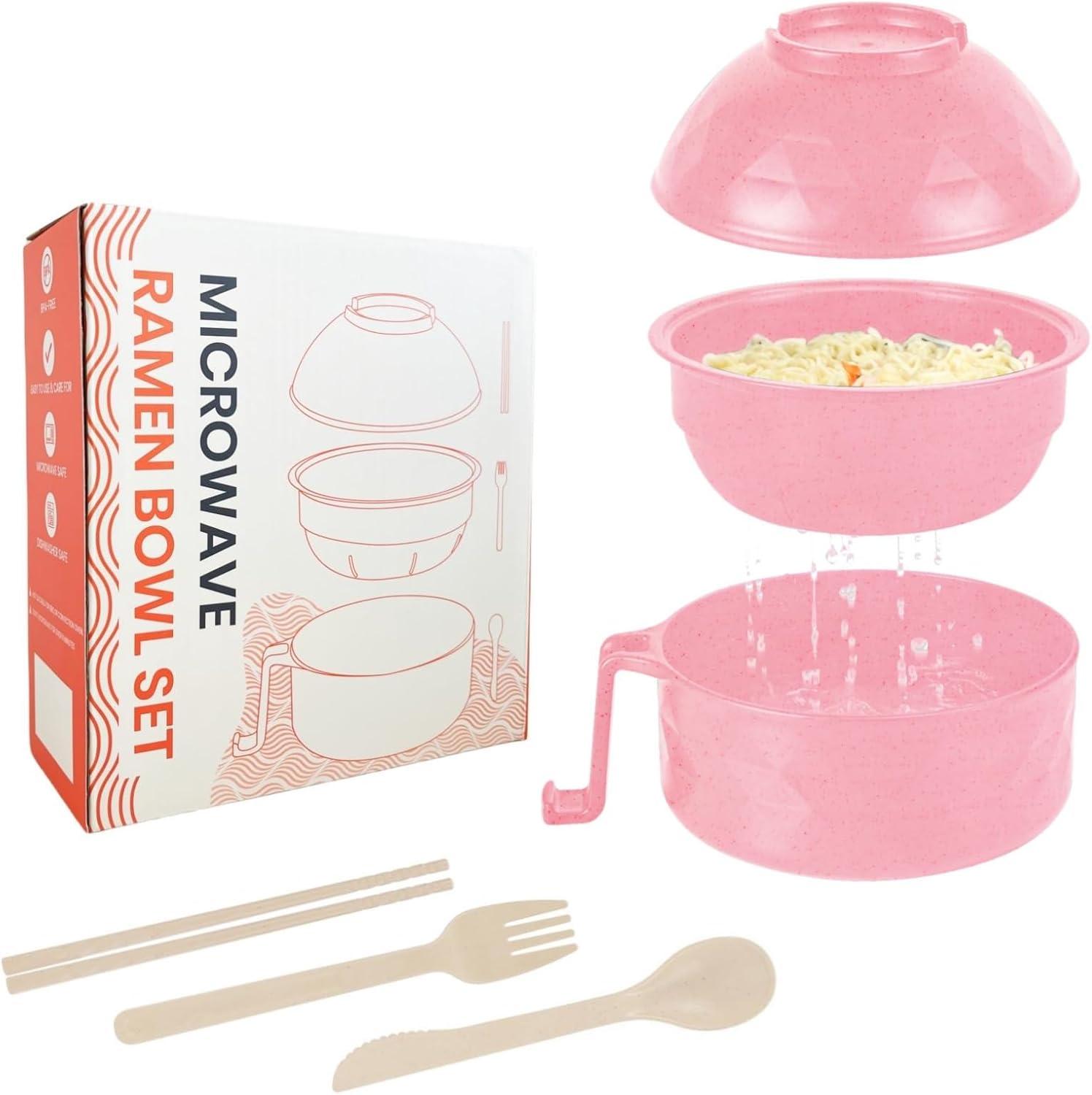 Microwave Ramen Cooker Tested: BPA-Free Pink Bowl & Chopsticks for Instant Lunch