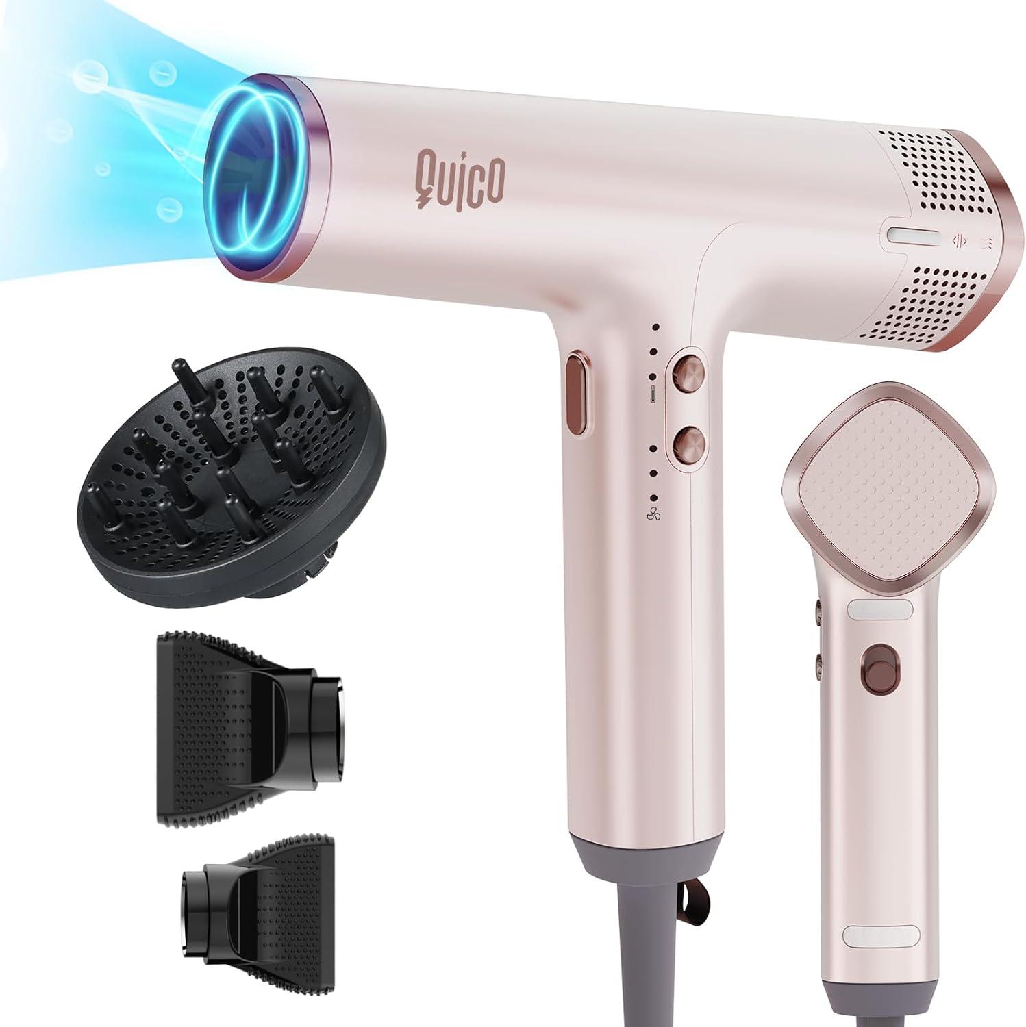 Quico Hair Dryer 7X Faster BLDC Motor vs. Standards: Surprising 2 Billion Ionic For Quiet, Portable Blowouts (Pink)