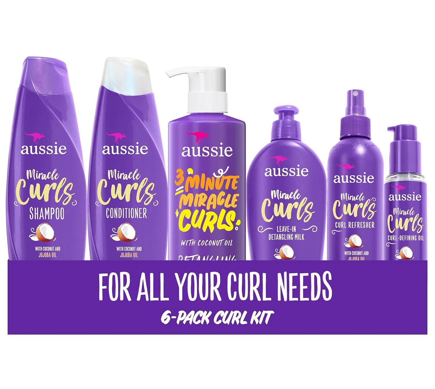 Surprising Showdown: Aussie Curls Set's Effervescent Shampoo, Silky Conditioner, Hydration Boost, Precision Spray, Detangle Milk, and Coconut-Oil Blend for Frizz Control