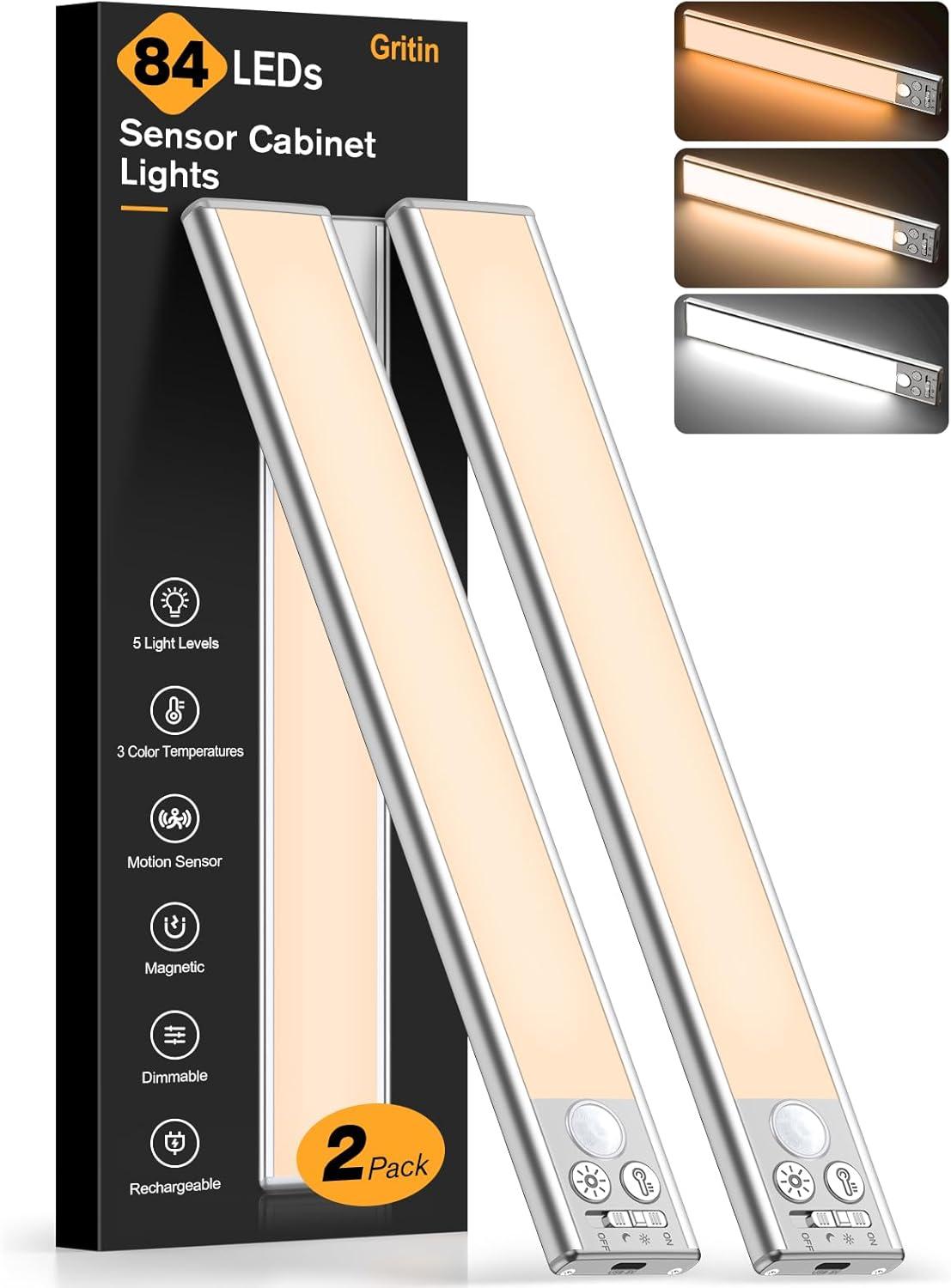 Gritin Under Cabinet Lights: Motion Sensor, 84 LED Brightness Tested for Nighttime Use