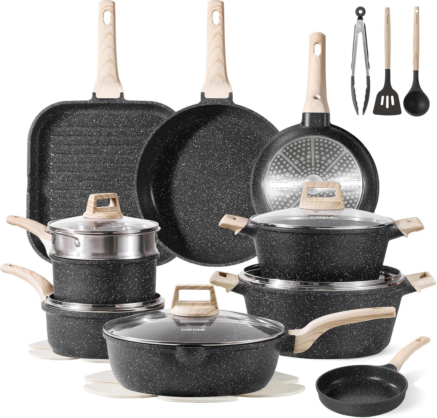 CAROTE 22Pcs Nonstick Set: Surprising PFOS-Free & Induction Tested for Quick Meals