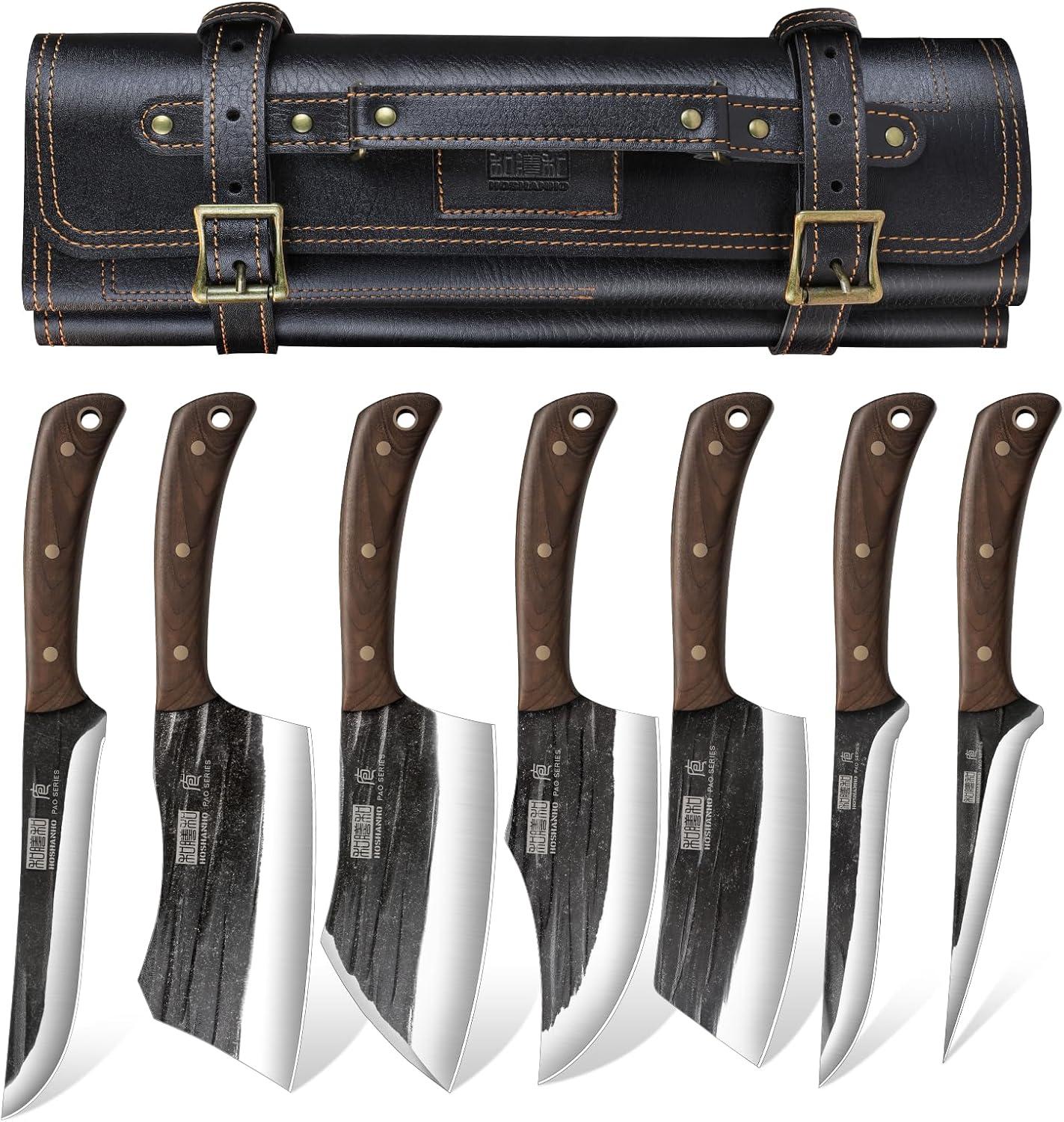 Showdown: Hand-Forged Blades, Roll Bag, Sharp Cleaver, Bone Chopper, & Fillet Knives for BBQ & Kitchen