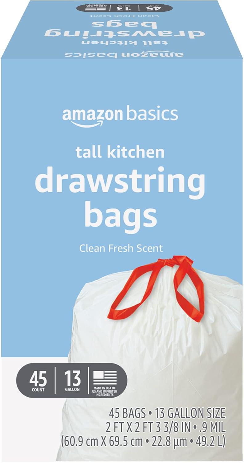 13-Gallon Amazon Basics Tall Kitchen Bags with Clean Scent vs. Solimo's 45-Count... Surprising Showdown