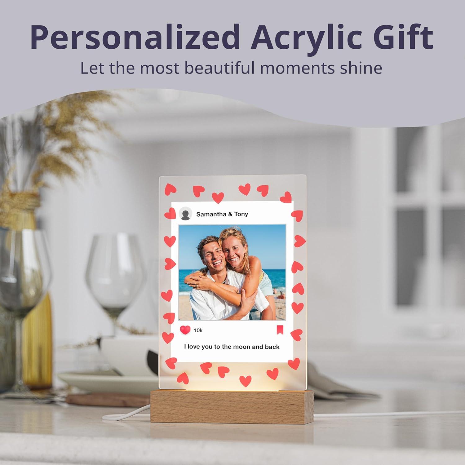 Best Romantic Gift - florithings Personalized Acrylic Social Media Plaque, Custom Instagram Inspired Photo Design with Names & Caption, UV Printed Clear Acrylic Sign, Optional LED Base
