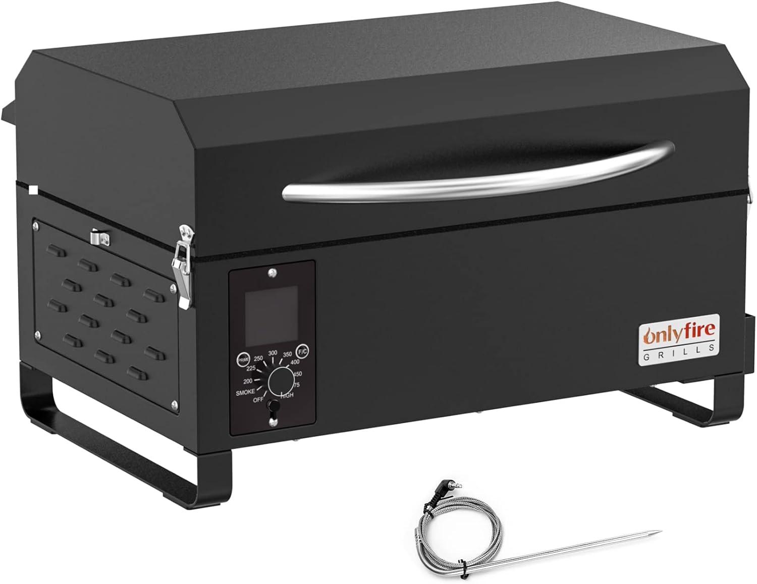 Onlyfire BBQ Wood Pellet Grill Smoker: Meat Probe & 2-Tier Cooking Tested for RV Camping & Outdoor Smoke