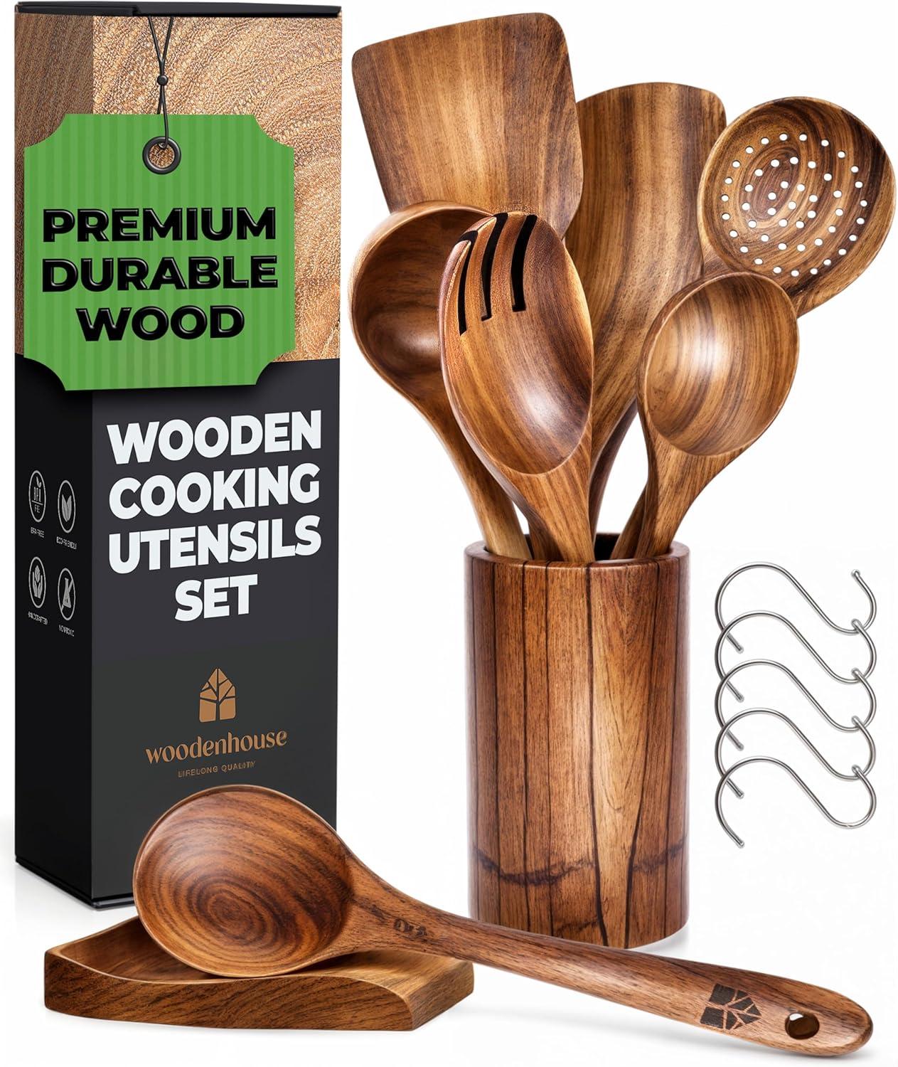 Surprising Insight: 8-Piece Wooden Utensil Set with Holder & Hooks - Eco-Friendly & Durable