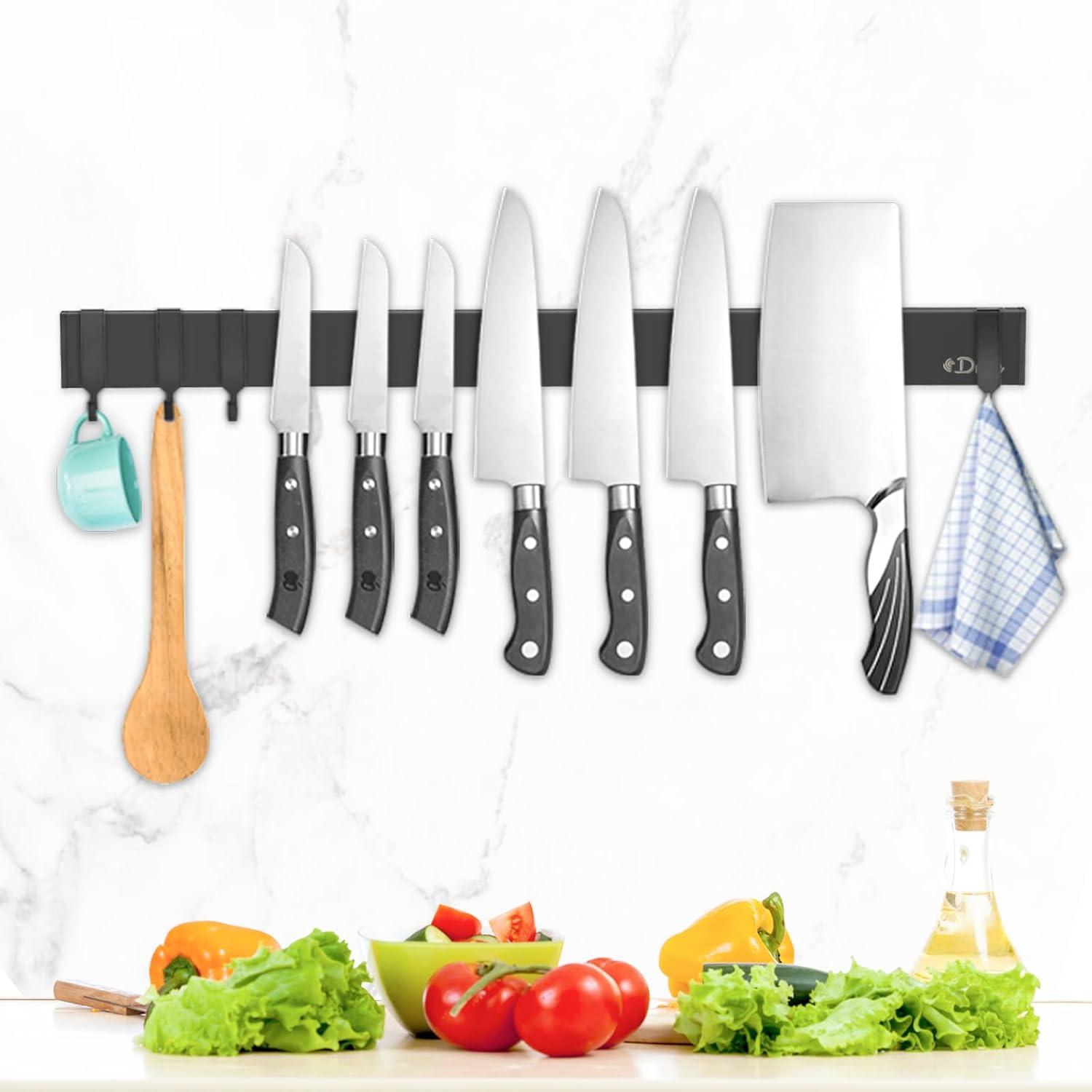 Dmore's No-Drill Knife Holder vs 20-Inch Black Strip: 4 Hooks & Power, Adhesive Tape