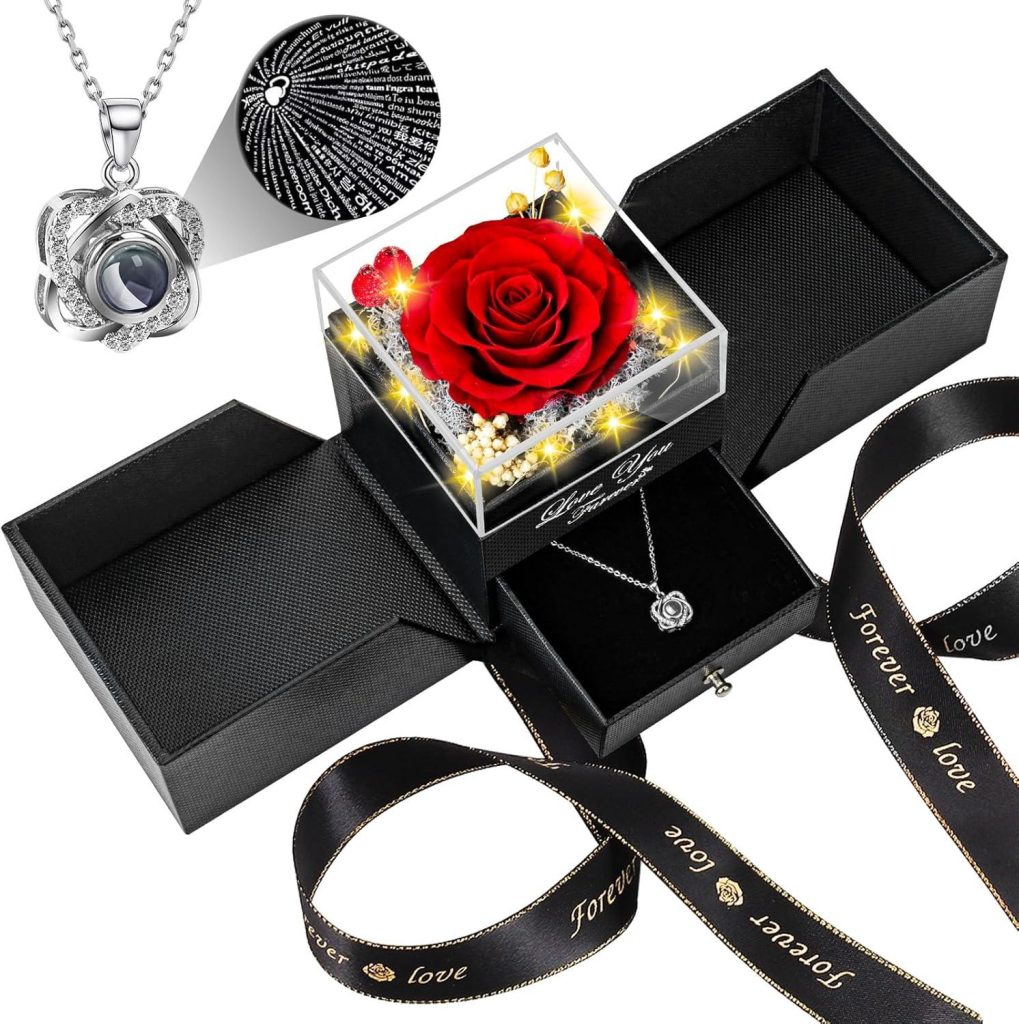 Best Romantic Gift – Preserved Red Real Rose with Heart I Love You Necklace Review