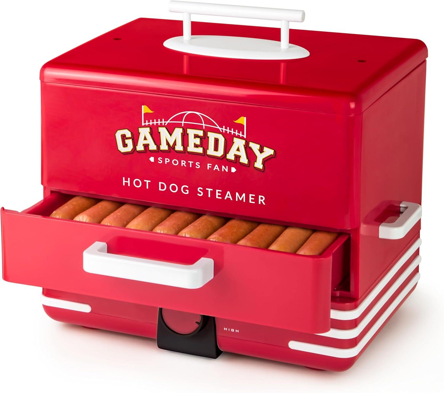 Nostalgia Hot Dog Steamer & Bun Warmer Tested for Game Day 20-Dog Feeding and Veggie Flexibility