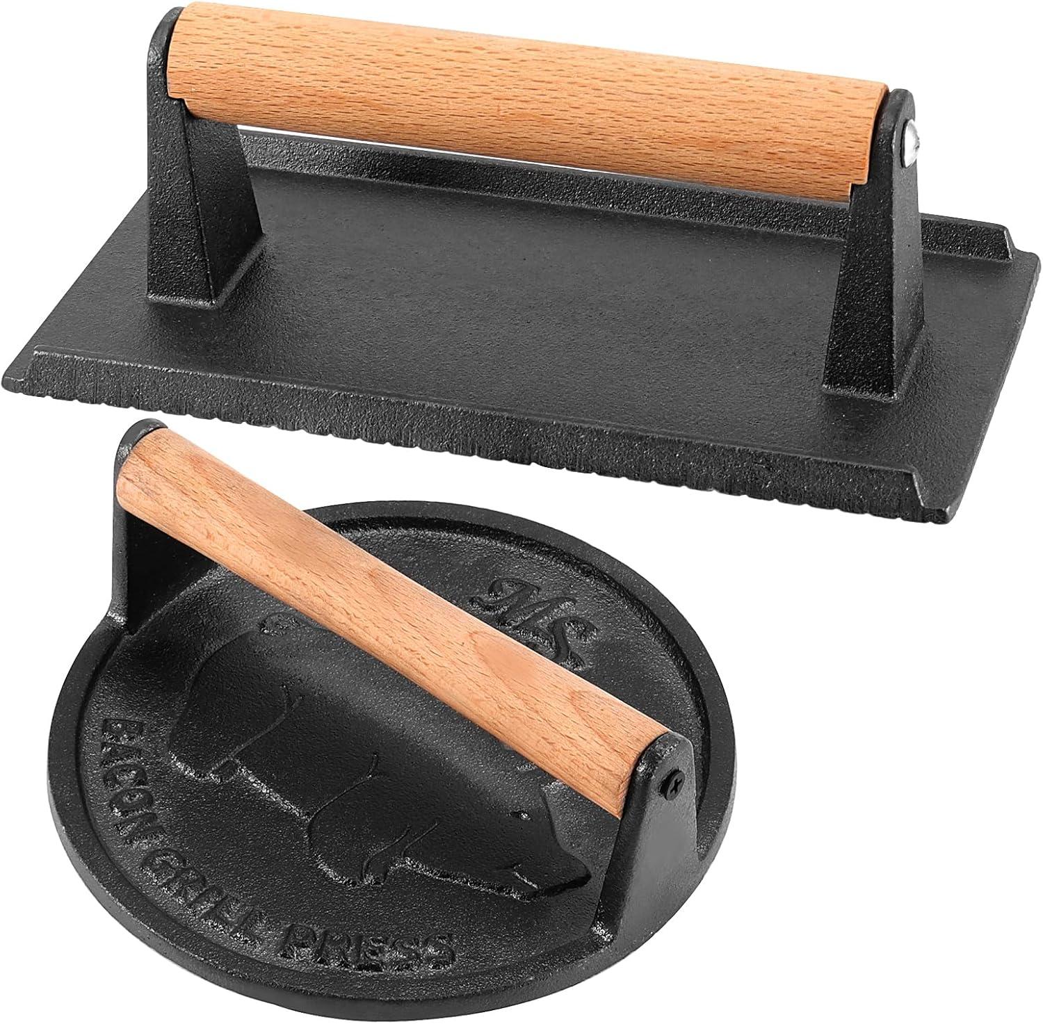 Grill Press Showdown: 7x7 Round vs. 8x4 Rectangle with Wooden Handle Tested for BBQ Prep