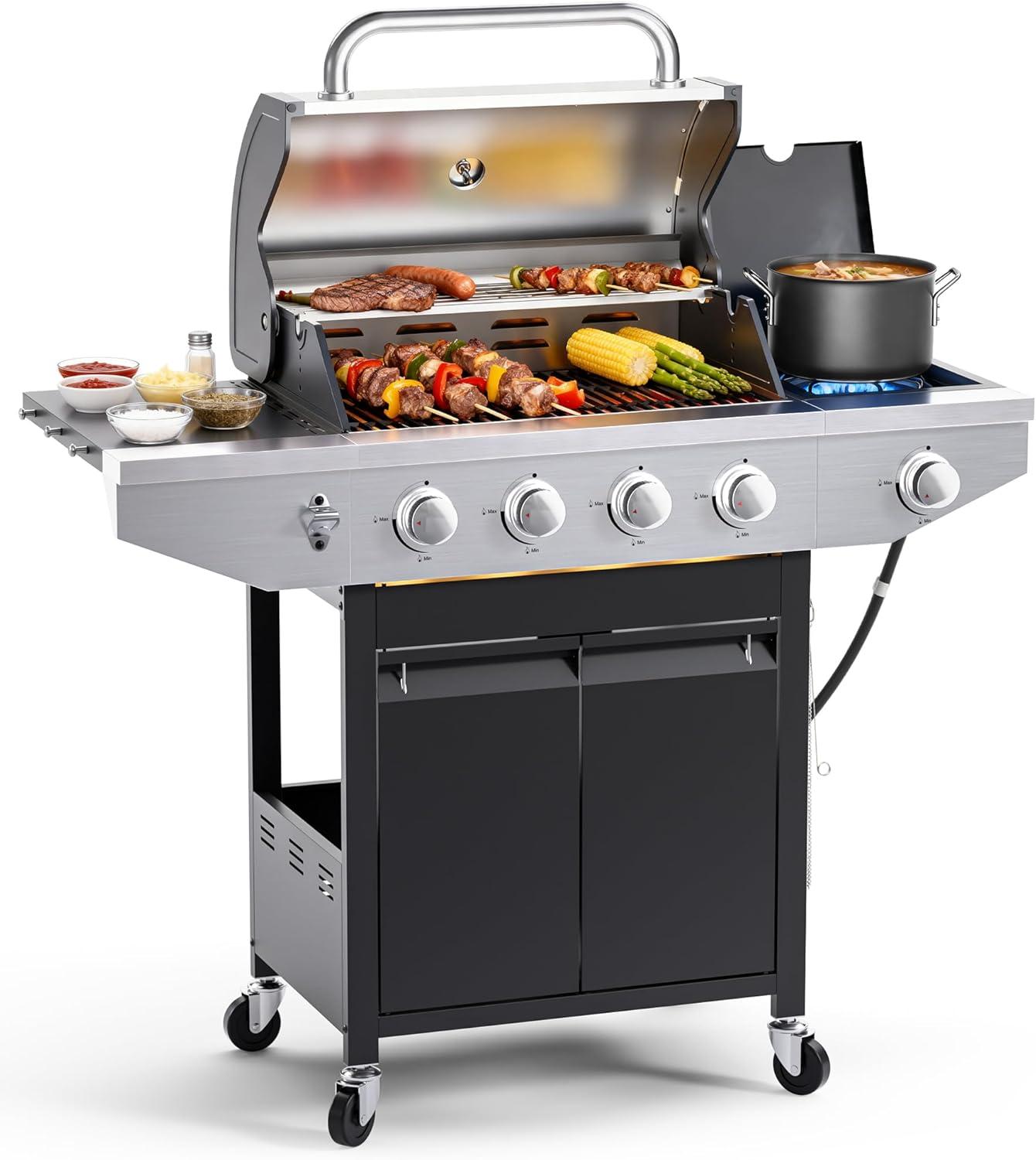Best BBQ Grill – 4-Burner Propane Gas BBQ Grill with Side Burner, 46,500 BTU Output Stainless Steel Barbecue Grill with Enameled Cast Iron Grates and Side Tables for Outdoor Cooking Kitchen and Patio Backyard Review