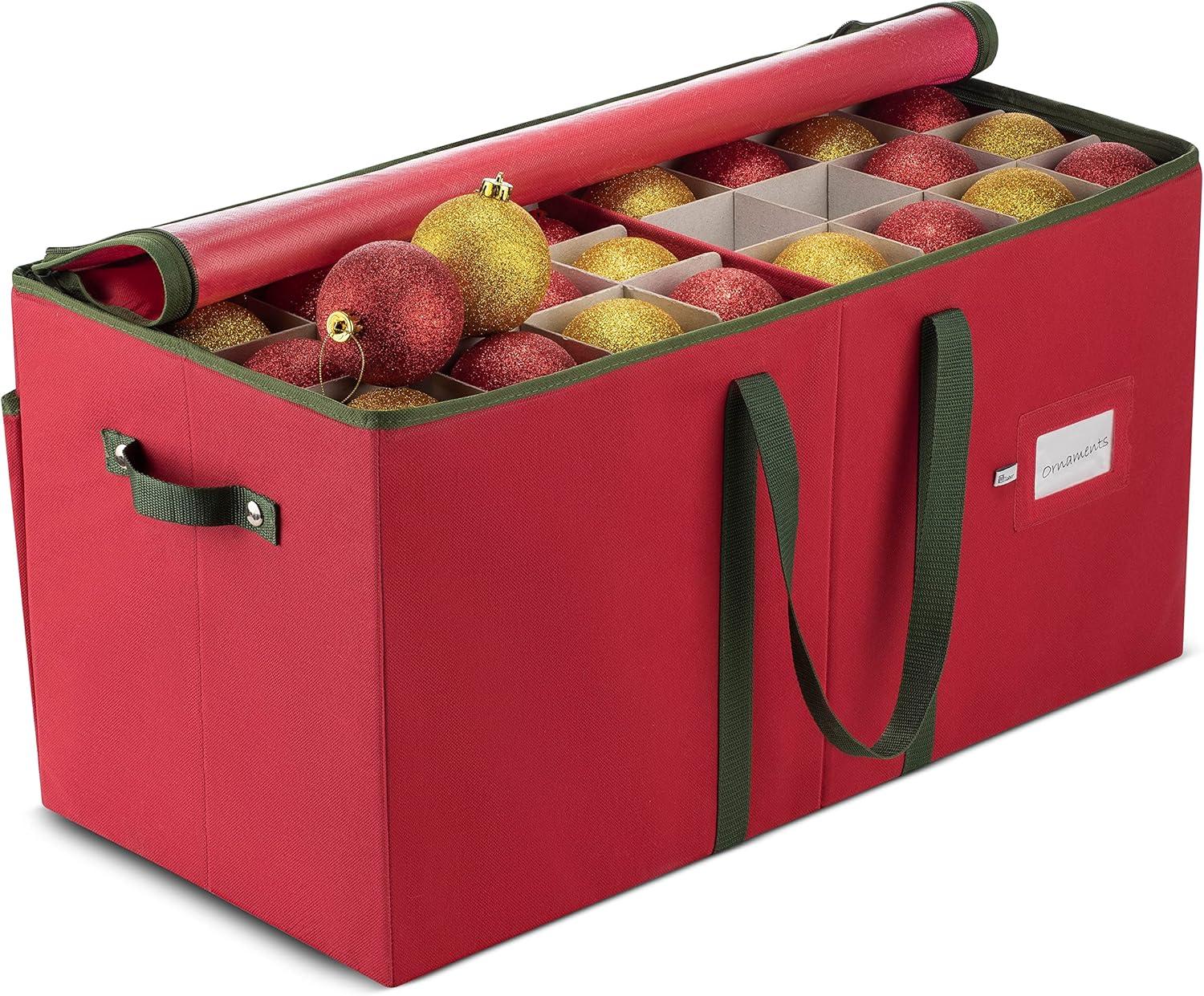 ZOBER Red Storage Box with Dual Zipper & 128 Ornaments Tested for Durable Christmas Storage