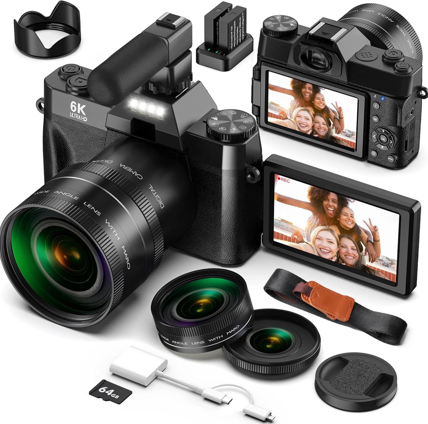 Yatao's 6K Flip Screen, Dual Lens, Microphone - Tested for Travel Vloggers (Black)