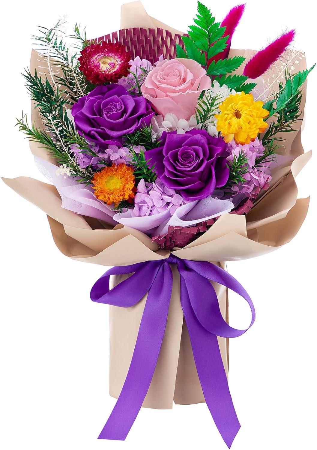 Comparing Preserved Flowers Bouquets: Tested Longevity, Birthday Elegance... Purple Hues, Eco-Friendly Wrap