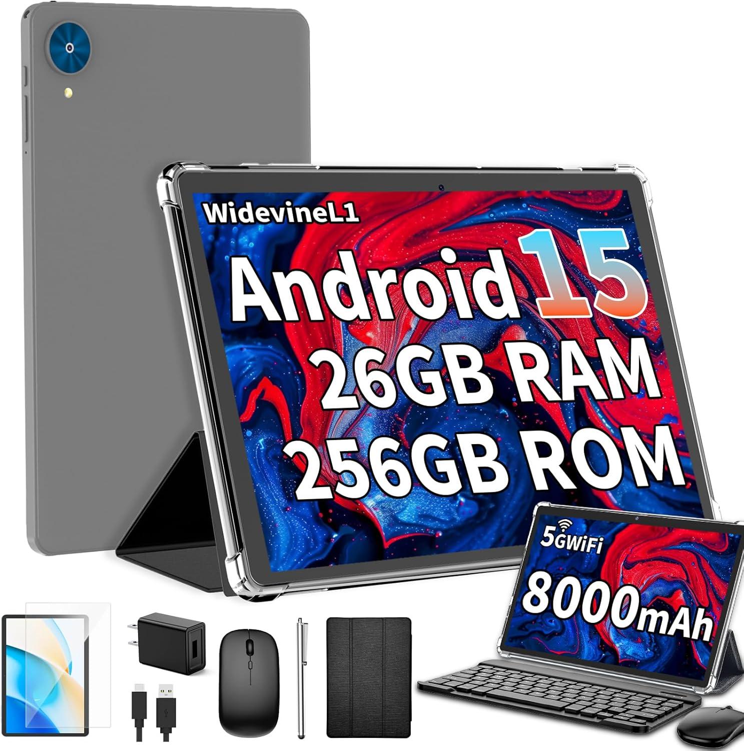 Android 15 Tablet Showdown: 26GB Storage, 2025 mAh Battery, Dual Camera. Tested with 2-in-1, Stylus, & Keyboard (Black)