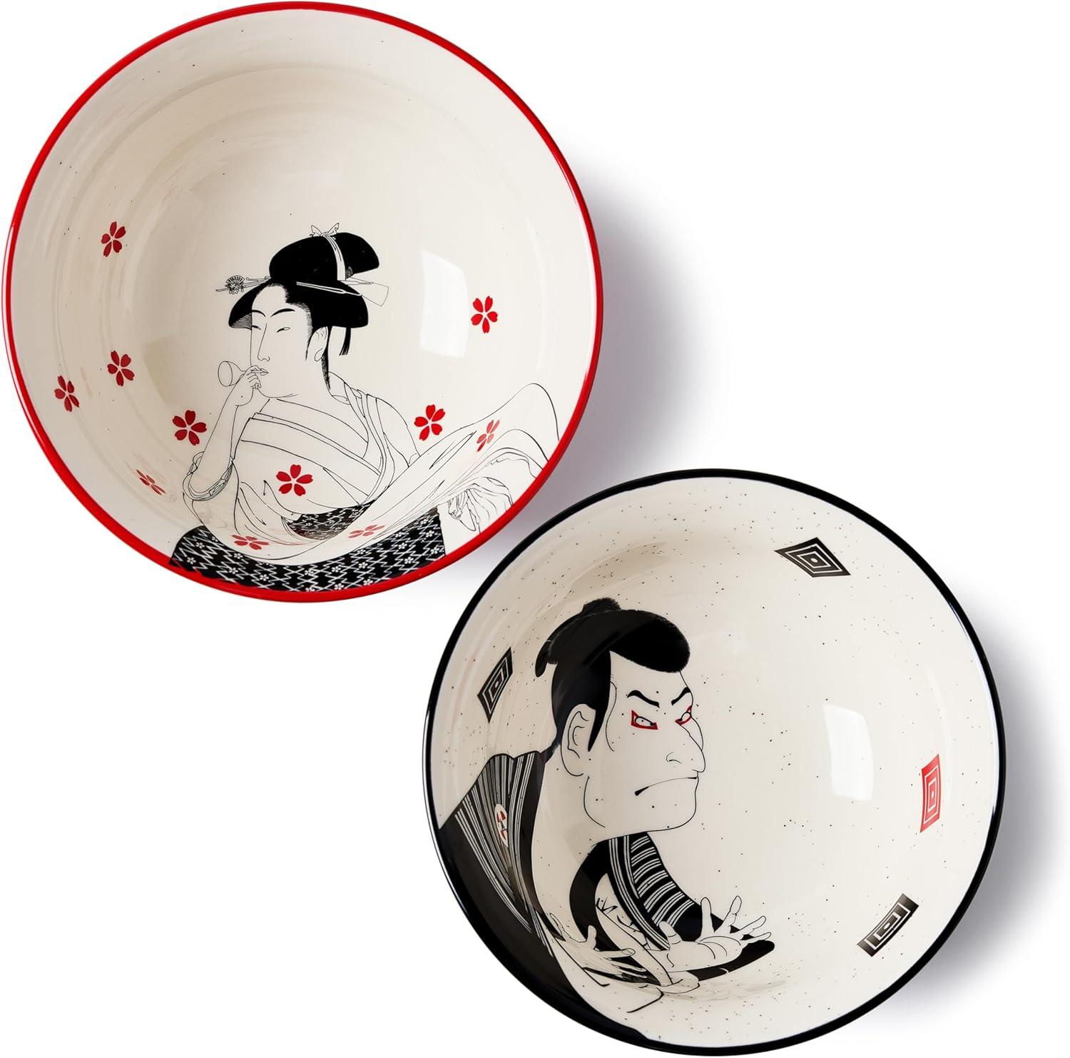 Ramen Bowl Showdown: Stylized Green Ceramic vs. Samurai-Geisha Designs for Noodle Lovers