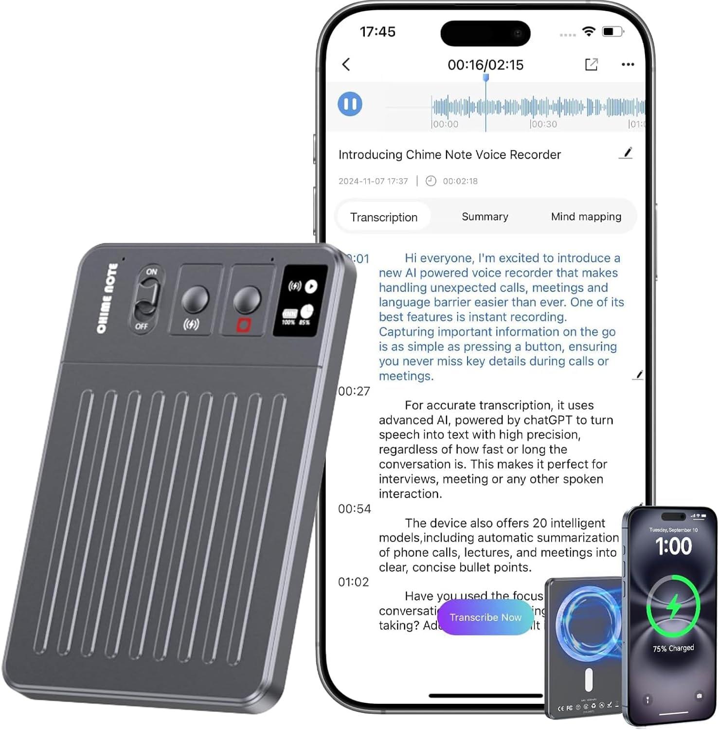 Ai Recorder Versus ChatGpt: Tested Insight... Wireless & 121 langs Grey