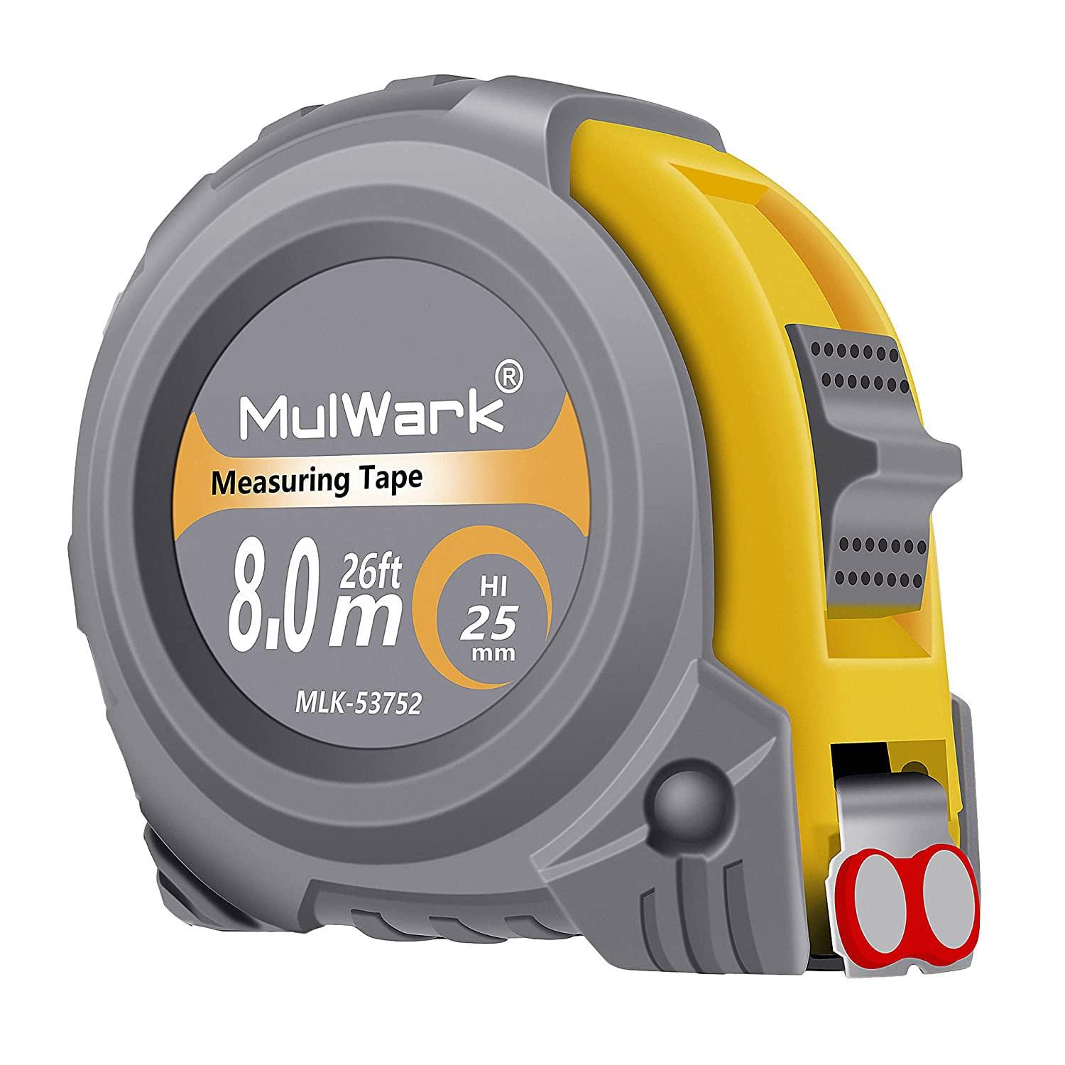 MulWark 26ft Tape: Magnetic Hook & Dual Scale Tested-Shock Absorbent Case for Contractors' Use