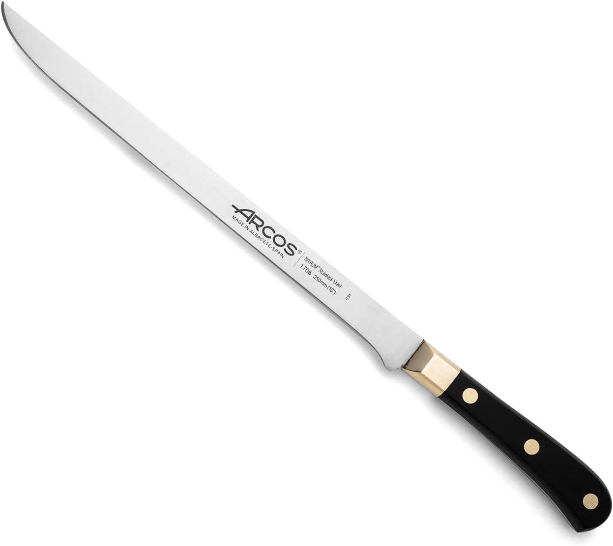 Arcos Carving Knife Series Regia: 10-Inch Blade, Ergonomic Handle, Surprising Black/Gold Color Tested for Kitchen Use