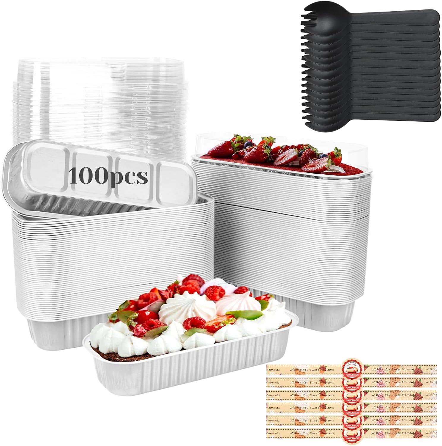 Surprising Showdown: 100-Pack Foil Pans with Lids, Spoons & Stickers - Multi-Use Tested for Oven, Freezer & Party Gifting!