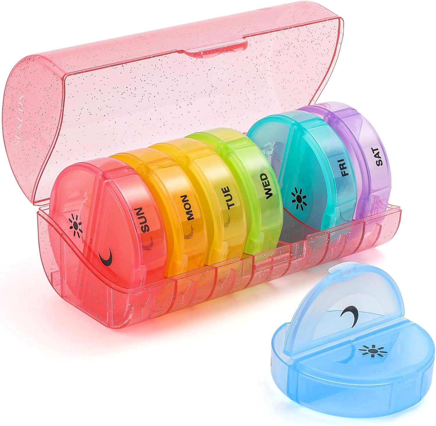 Sukuos 7-Day Pill Box with Double Protection Tested: Glitter Pink vs. Basic Design