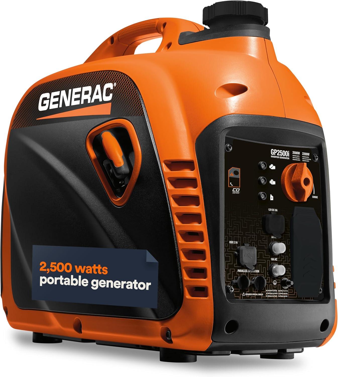 Generac 2500-Watt Gas Generator Tested: Compact, Clean Power, COsense Tech & Home Use (Orange/Black)