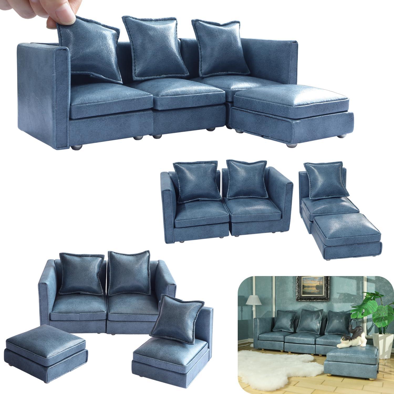 Modern Blue Faux Leather Sofa Tested vs. 1/12 Scale Sectional for Dollhouse Décor Fit