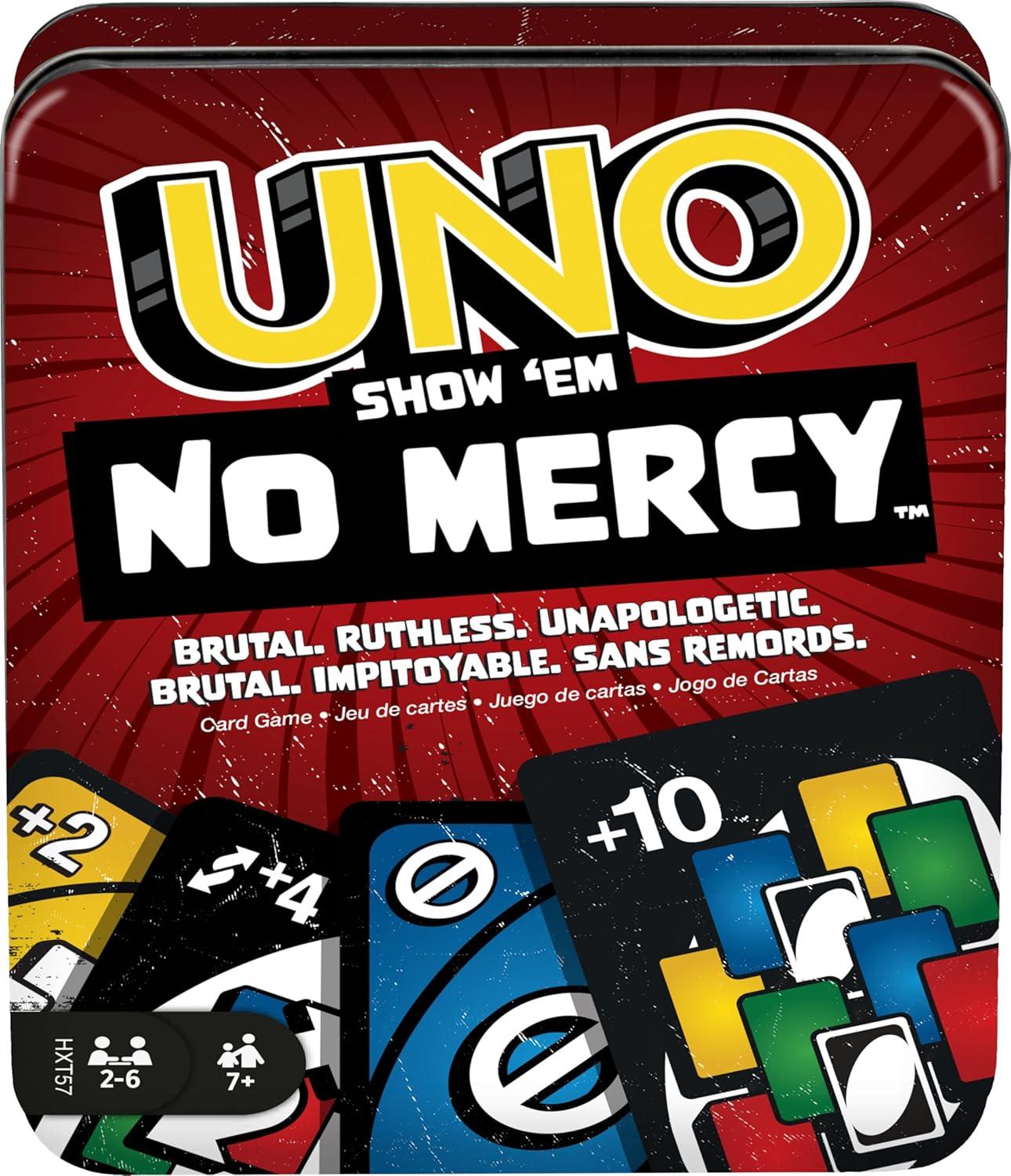 Matel UNO Show 'em No Mercy: Storage Tin, Extra Cards, Surprising Penalties for Family Night