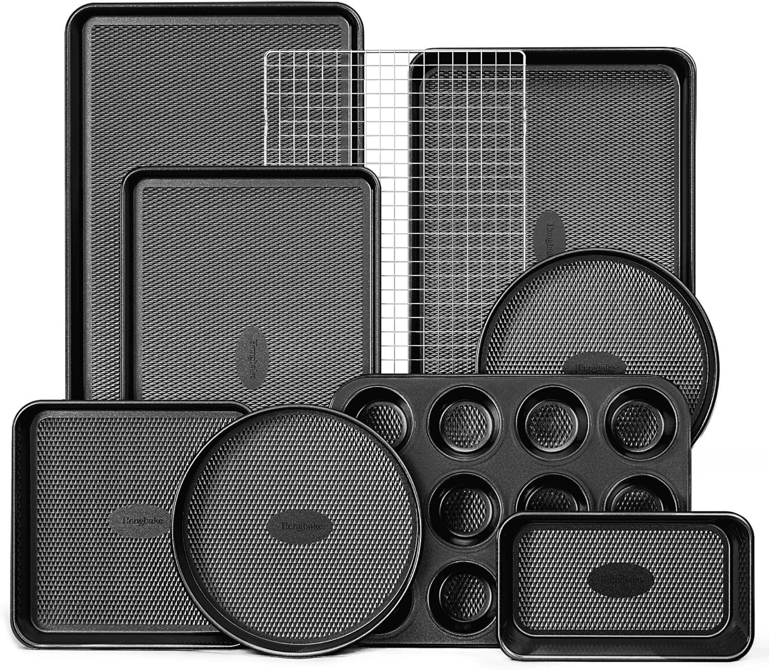 HONGBAKE 9-Piece Bakeware Showdown: Stackable, Nonstick, Non-Toxic, Diamond Texture, & Rack
