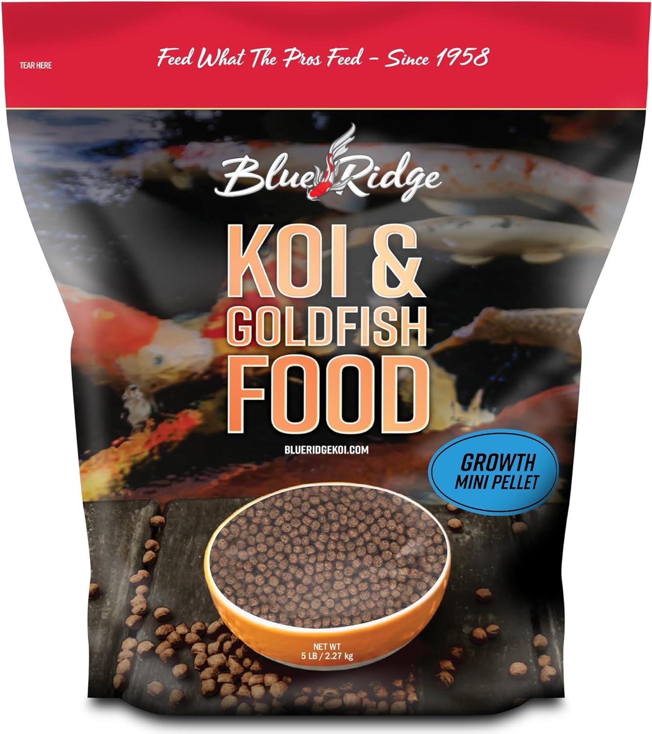 Blue Ridge Koi Food 5lb: Mini Growth vs. Goldfish... Floating Pellets in Premium Pond Care