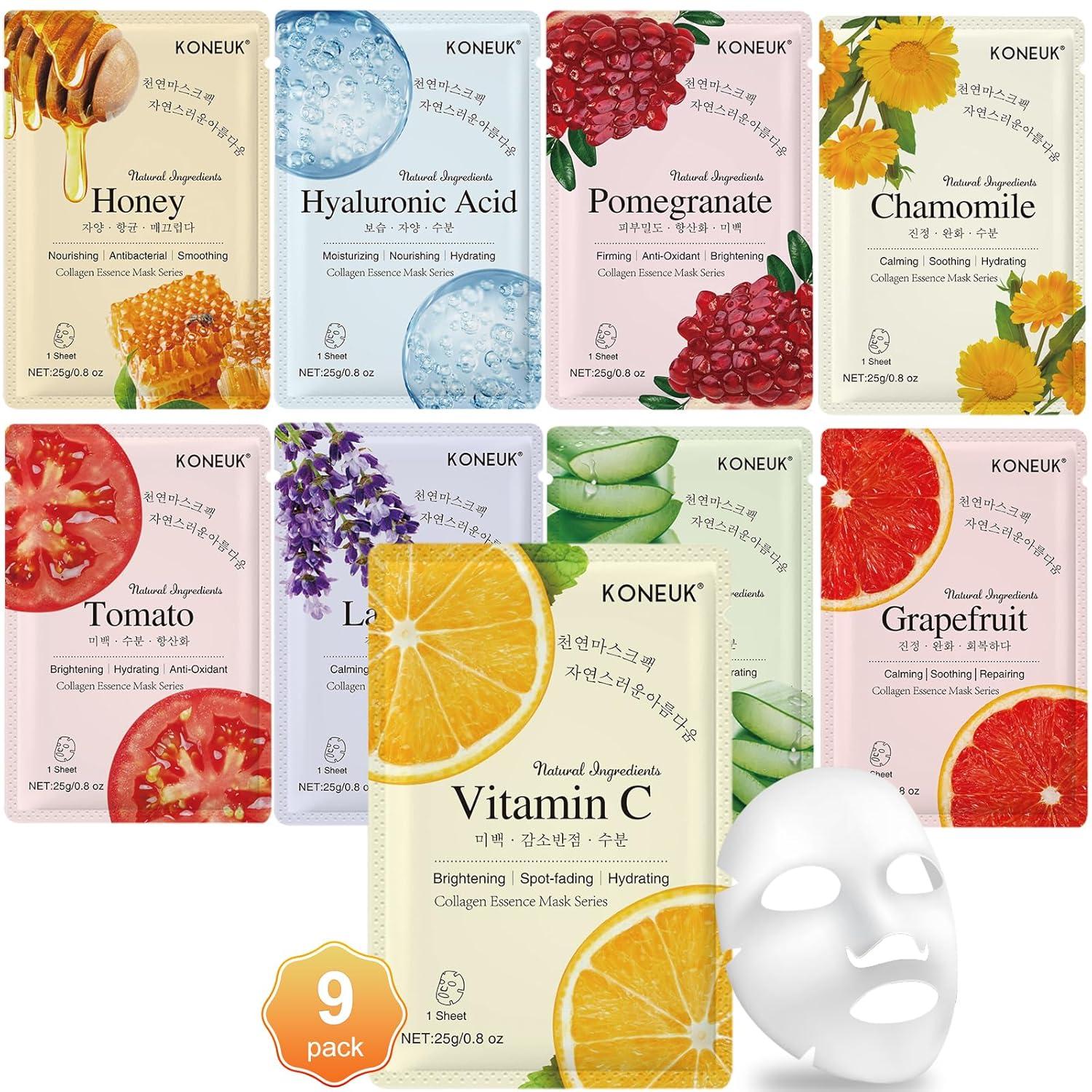 Surprising 9-Pack Face Mask Set: All Skin Types, Collagen & Hydration