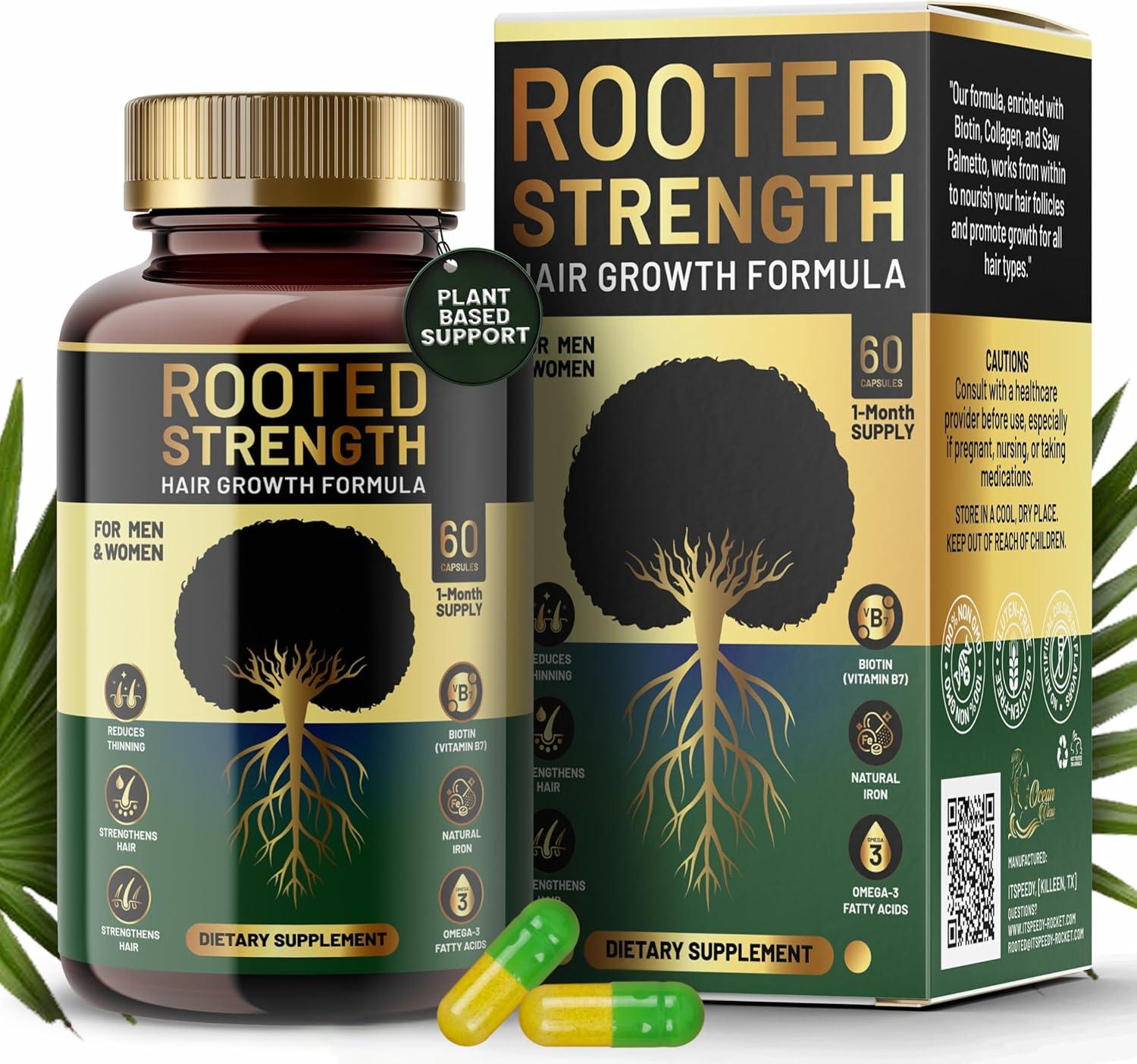 Rooted Strength Hair Vitamins: DHT Blocker, Collagen & Advanced Biotin - 1-Month Supply Tested for Black Hair Growth