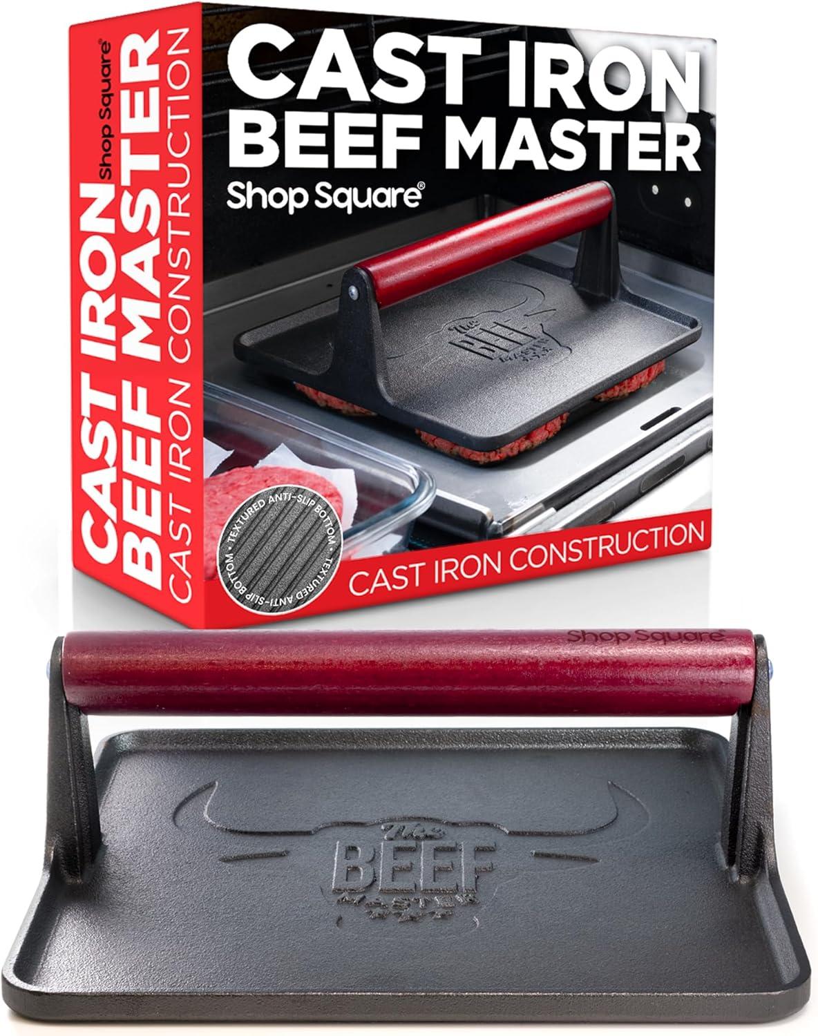 The Beef Master Cast Iron Grill Press - XL Burger, Pre-Seasoned Griddle, Cool Touch Handle Tested for Home Cooking