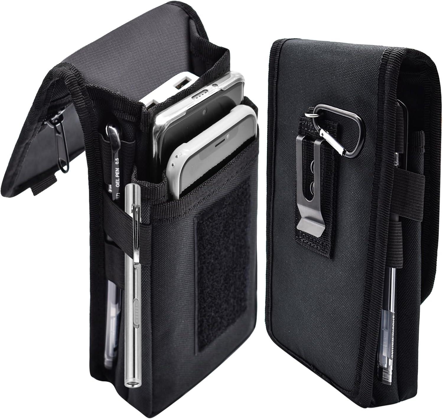 Tested for surprises: dual phone holster, black tactical pouch, camp-ready?" (49 characters)