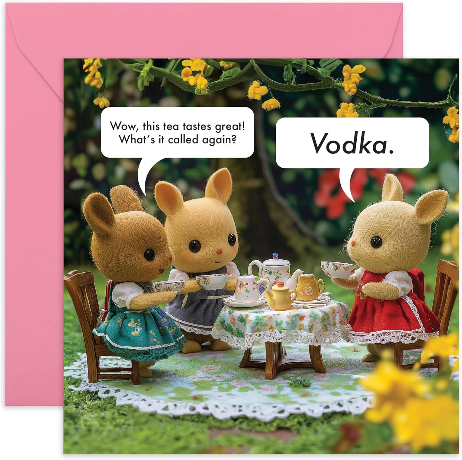 Vodka-Themed Greeting Card Compared: Funny Bunny Tea Party, Stick-ers, Surprising Recipient Range!
