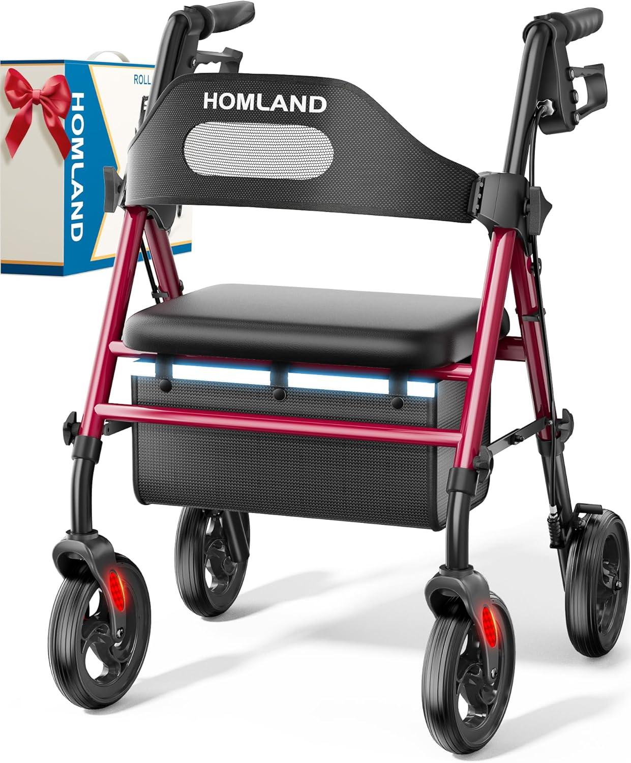 Rollator Walkers Showdown: Foldable, 8'' Wheels, 350 lb. Capacity, Red for Senior Mobility