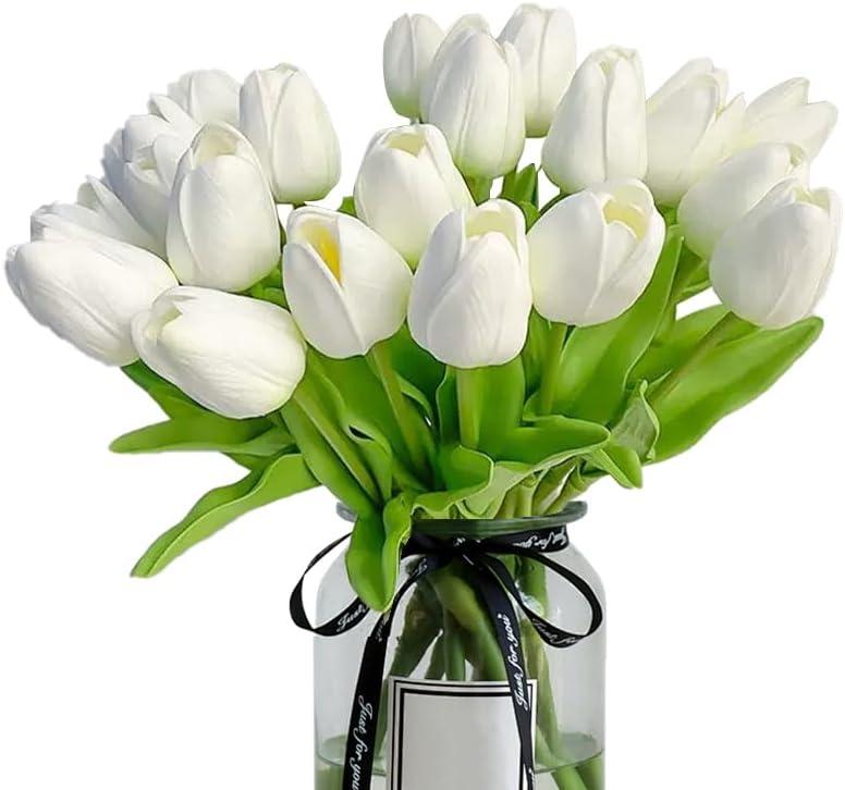20pcs White Tulips vs. Faux Flowers: Surprising Showdown for Gifts, Decorations…No maintenance, no mess!