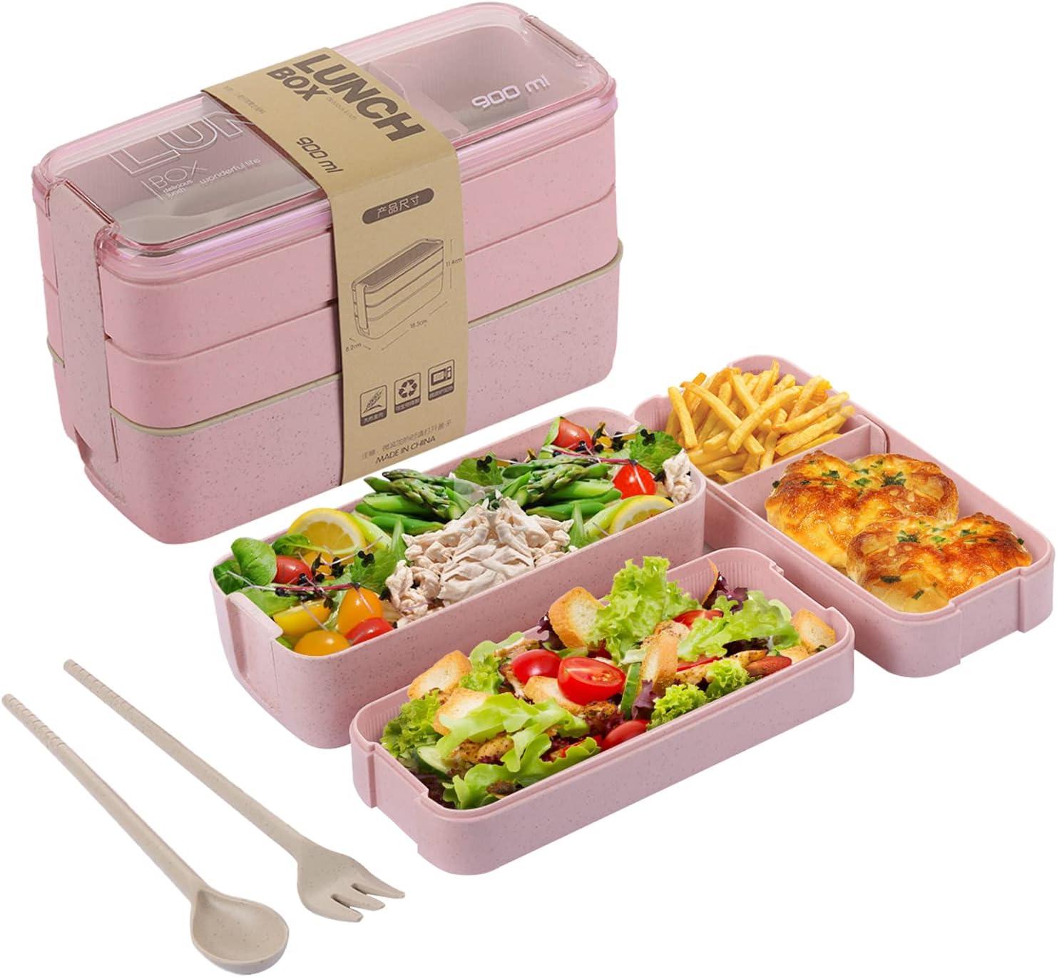 3-in-1 Bento Box Tested vs Meal Prep Containers: Wheat Straw, Leak-proof, BPA-free (Pink)